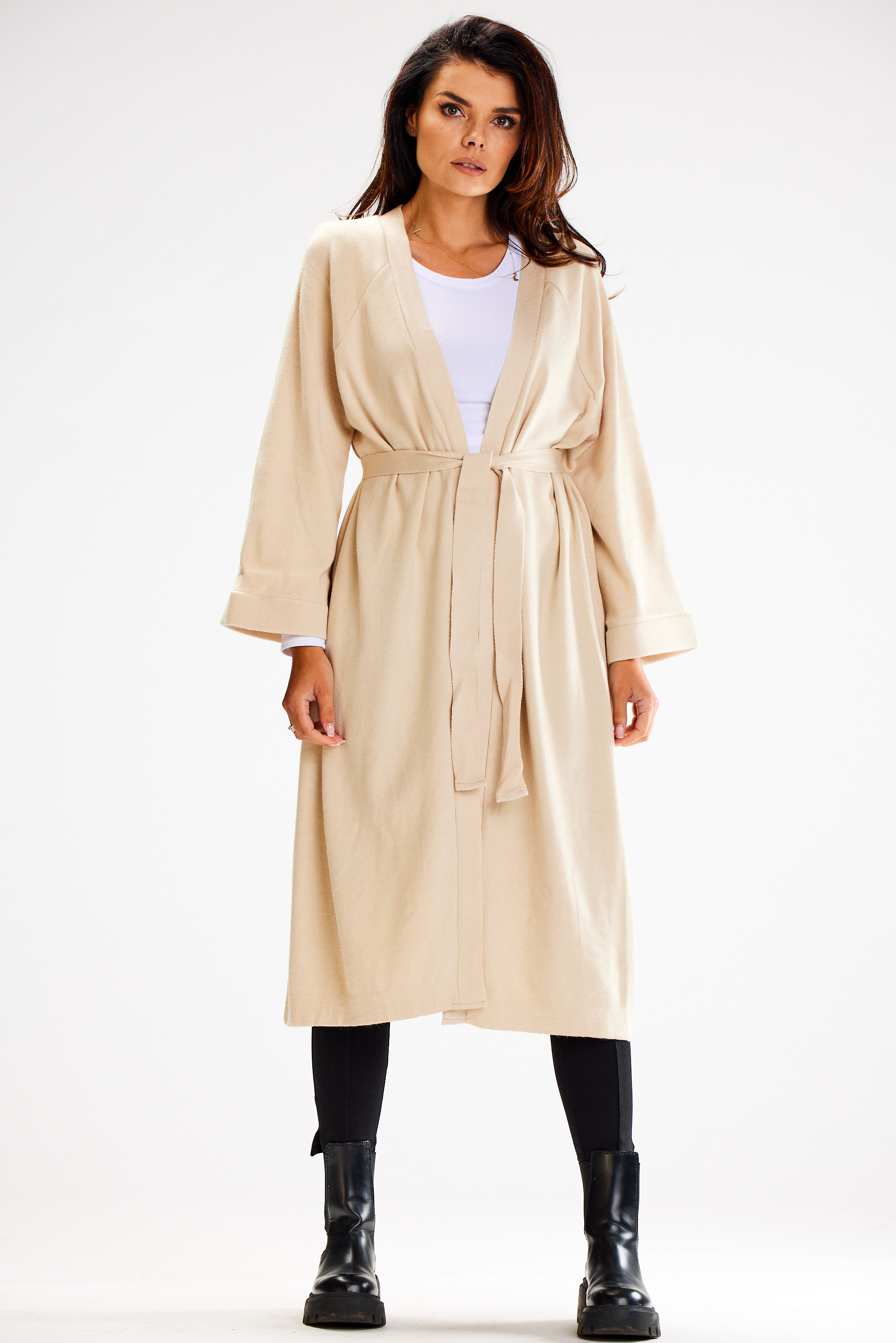 Wiskozowy Kardigan z Paskiem - Beżowy