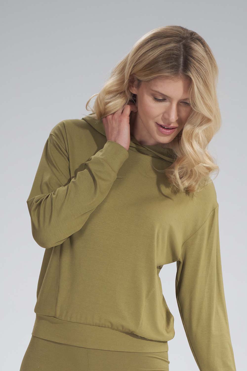 Cienka Wiskozowa Bluza z Kapturem - Jasna Oliwka