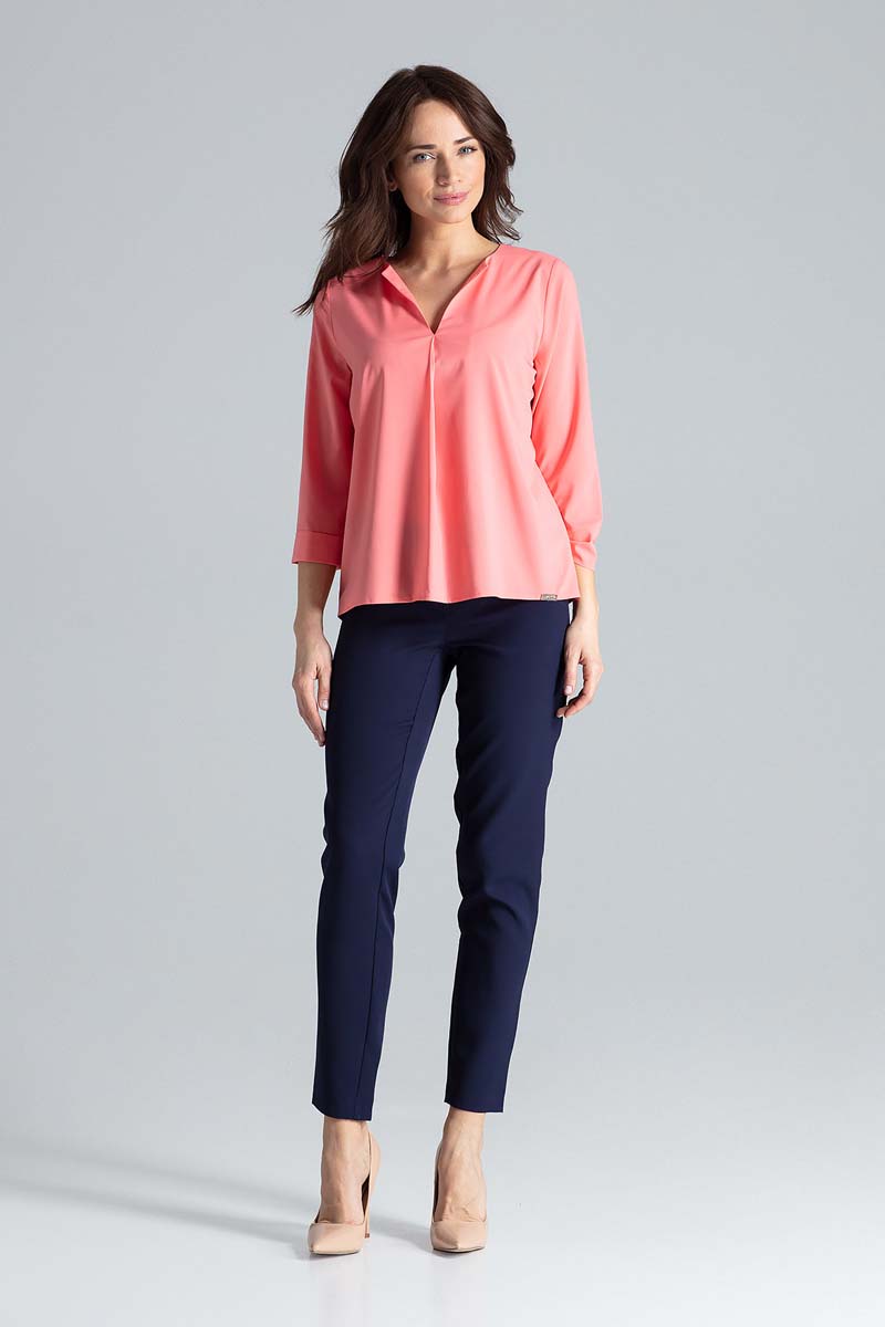 Koralowa Bluzka z Dekoltem w Serek