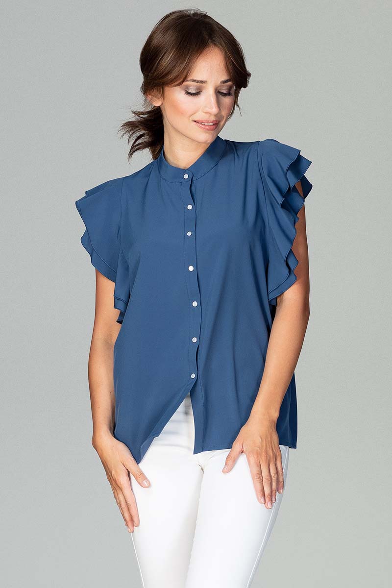 Granatowa Koszulowa Bluzka z Falbankowym Rękawem