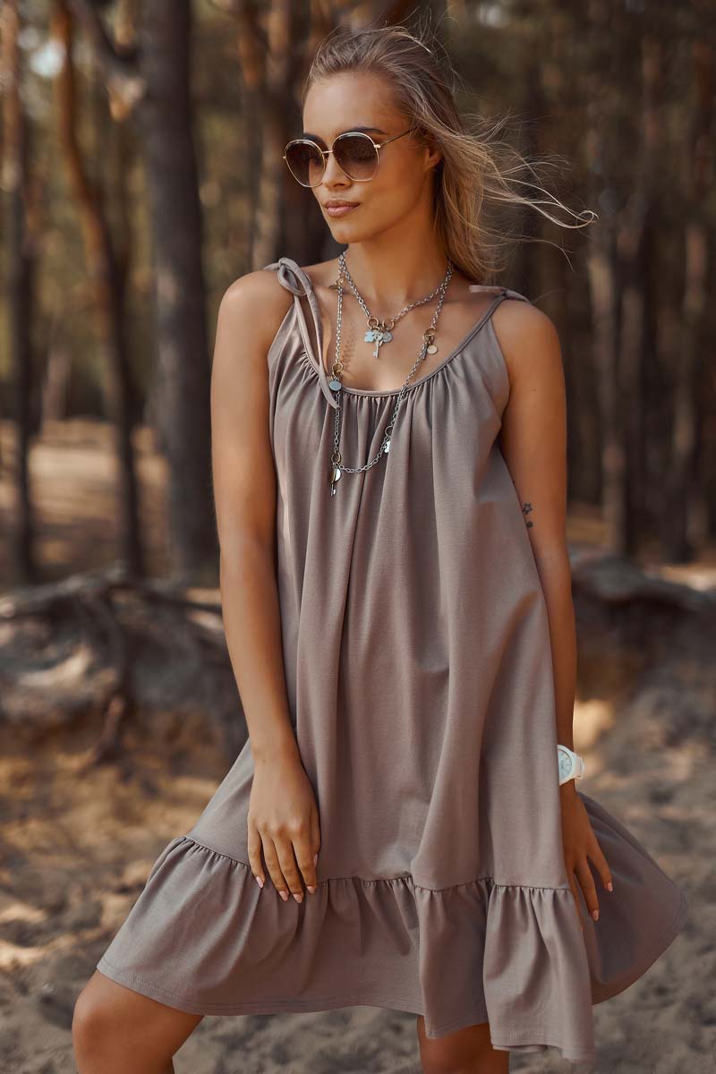 Bawełniana Sukienka na Cienkich Ramiączkach - Mocca
