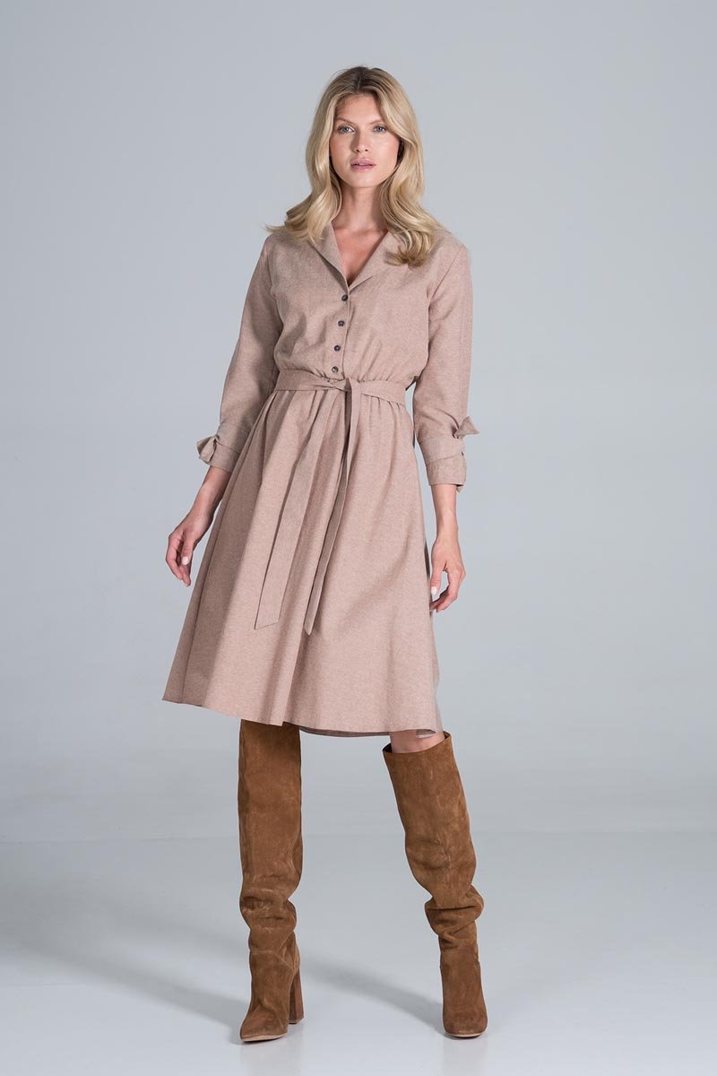 Rozkloszowana Sukienka na Guziki z Żakietowym Kołnierzykiem - Beżowa