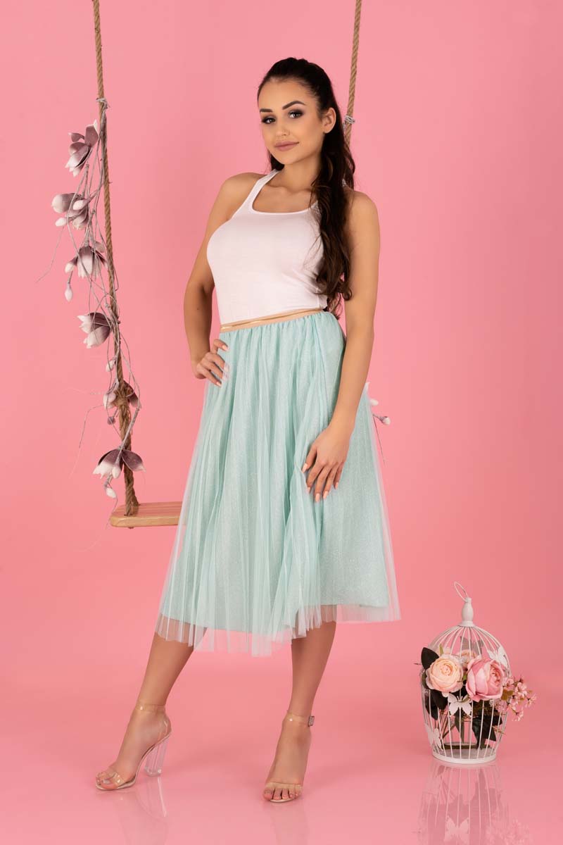 Plisowana Tiulowa Midi Spódnica na Gumie -Miętowa