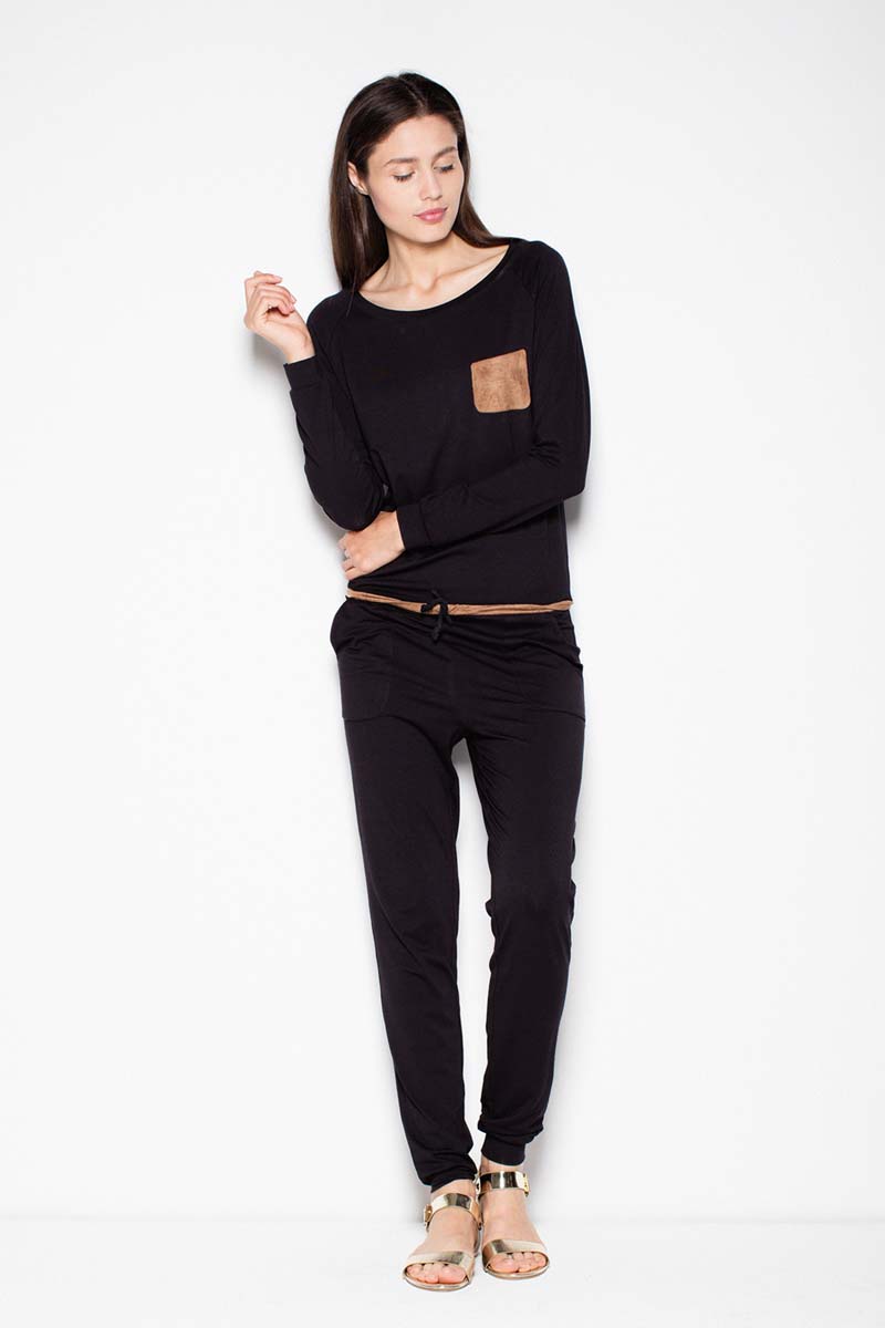 Czarny Kombinezon z Kontrastowym Paskiem i Kieszonką