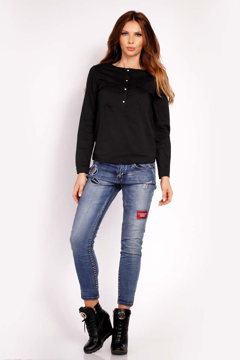 Czarna Bluzka Koszulowa z Krótkim Zapięciem