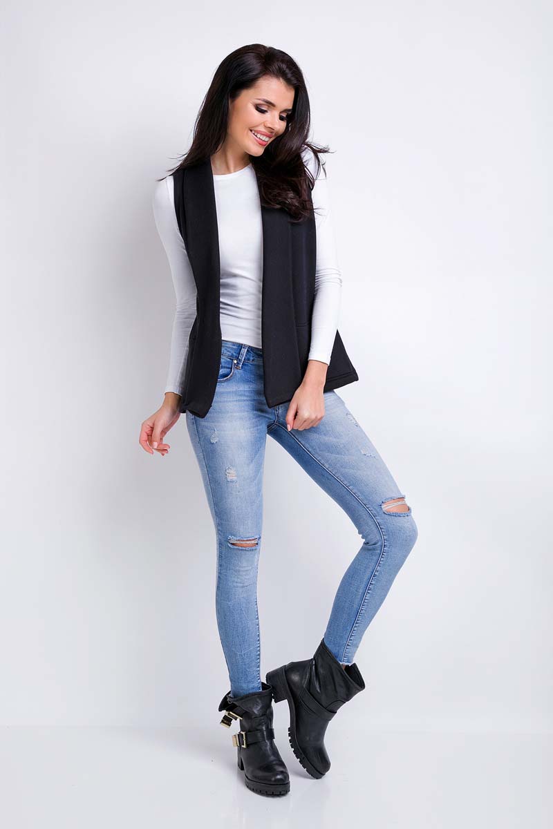 Czarna Kamizelka Dzianinowa bez Zapięcia z Klapami