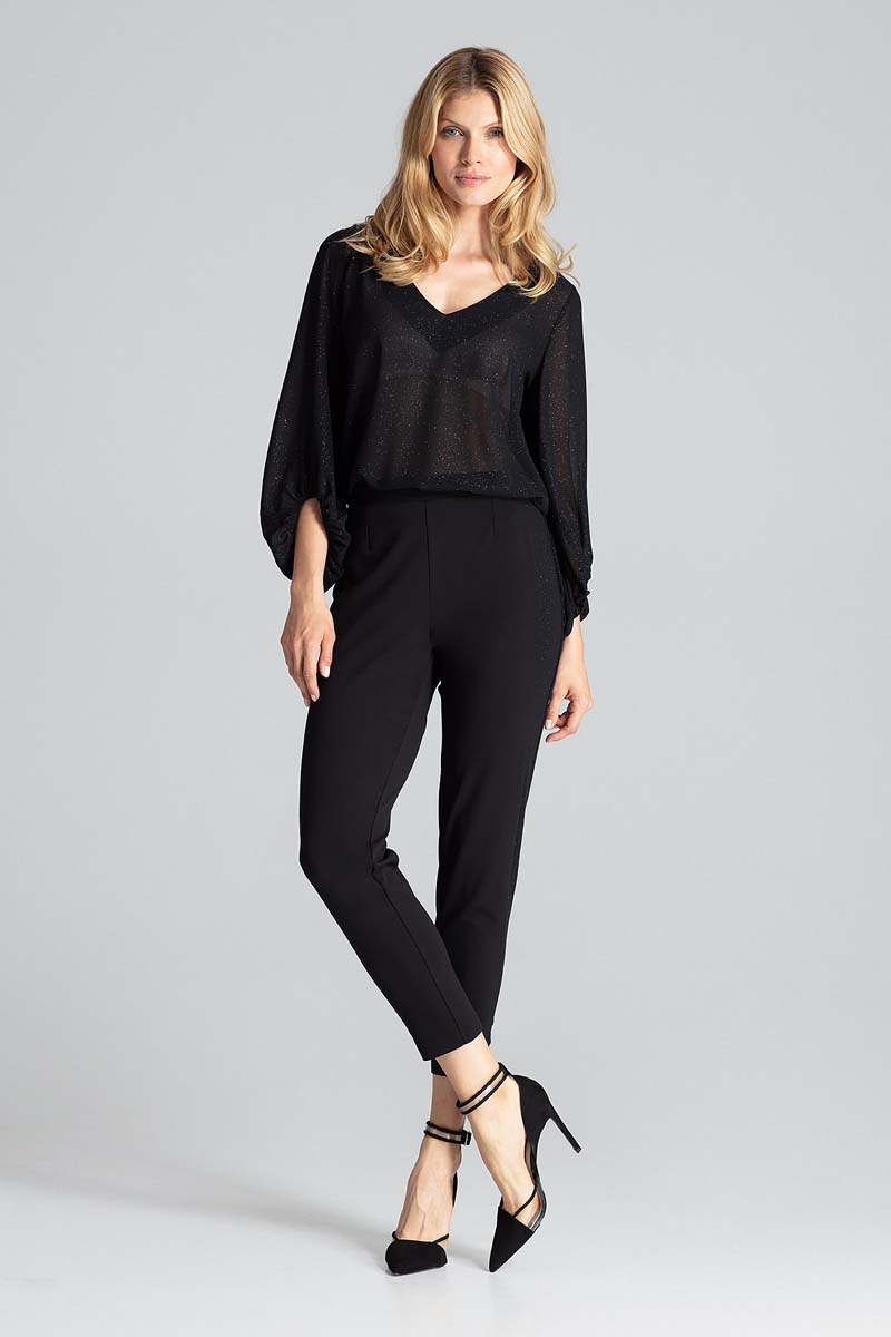 Czarne Wygodne Spodnie z Brokatowym Lampasem