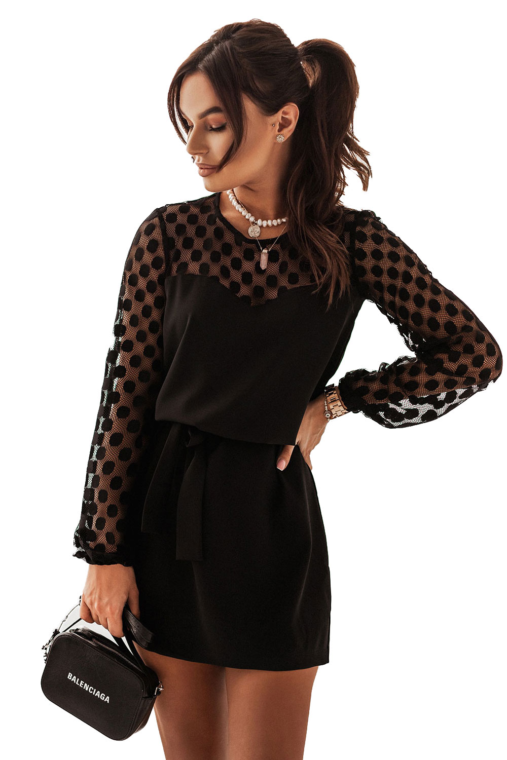 Sukienka z Bufiastym Rękawem z Siateczki w Grochy