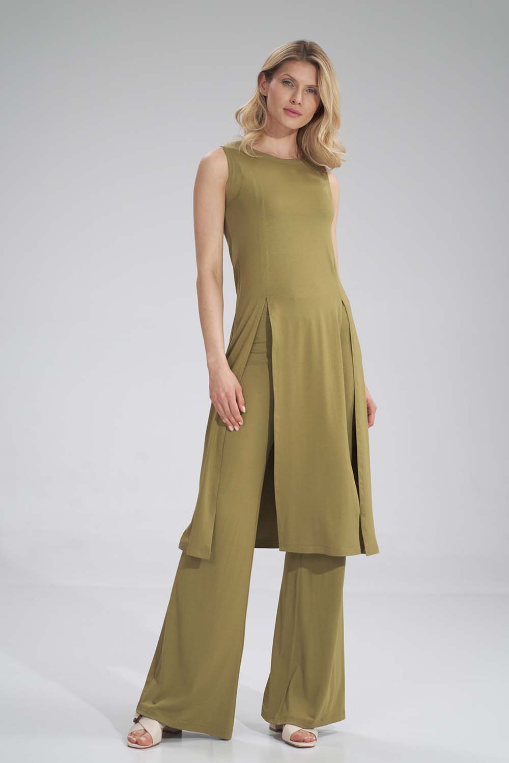 Letnia Tunika z Długimi Rozcięciami - Jasna Oliwka