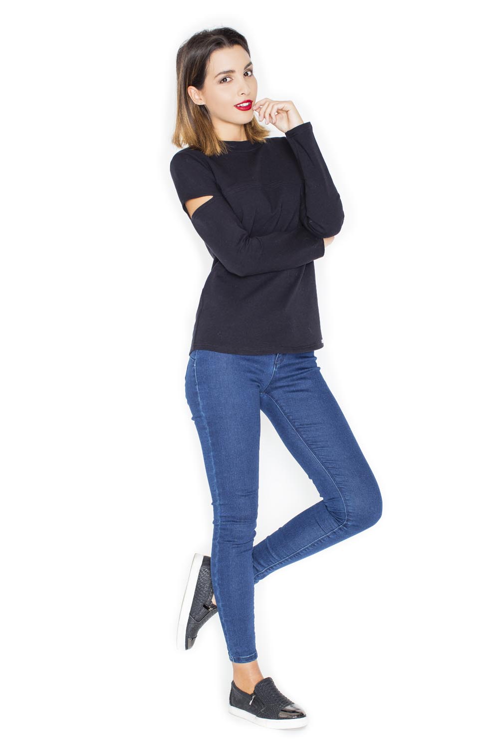 Czarna Dresowa Bluzka z Rozcięciem na Ramieniu