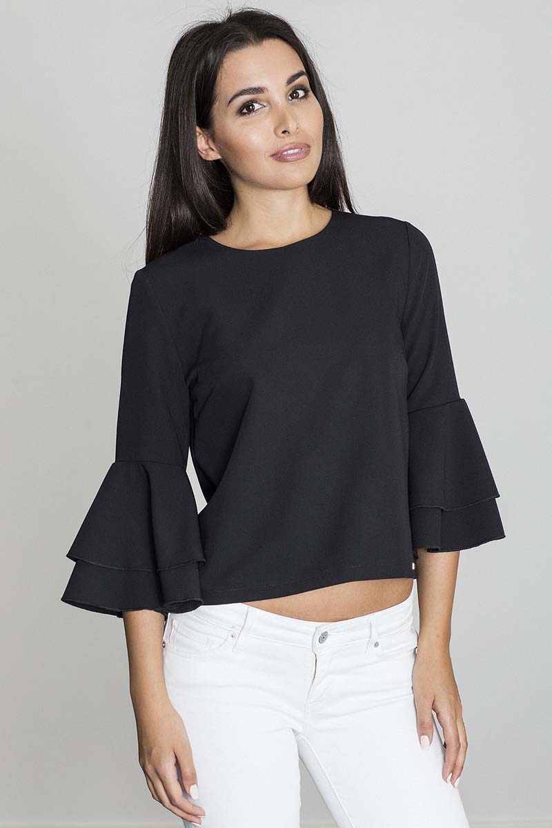 Czarna Krótka Bluzka z Rozkloszowanymi Rękawami