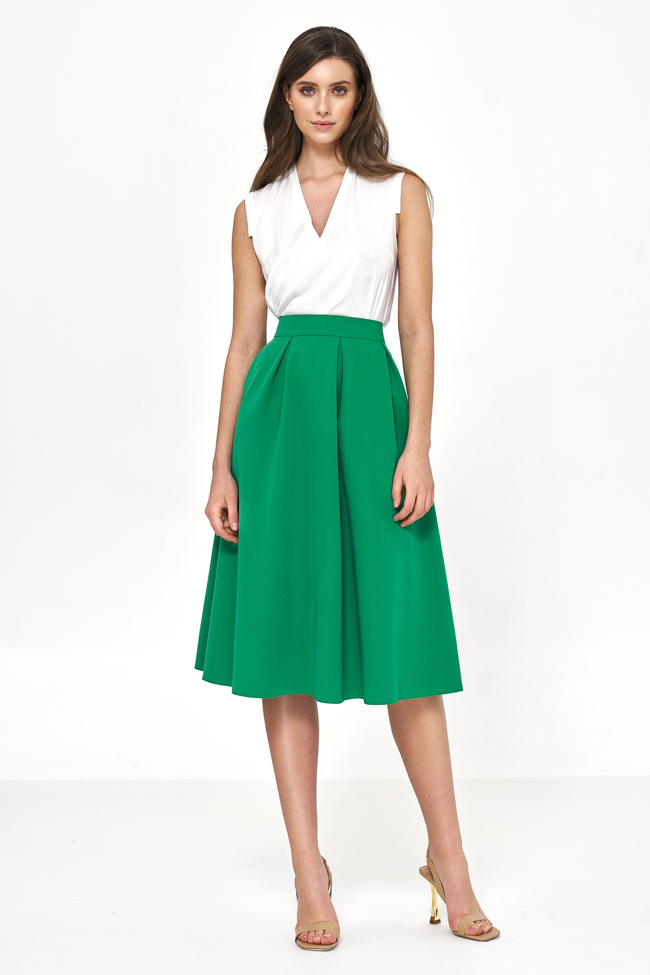 Rozkloszowana Midi Spódnica z Zakładkami - Zielona