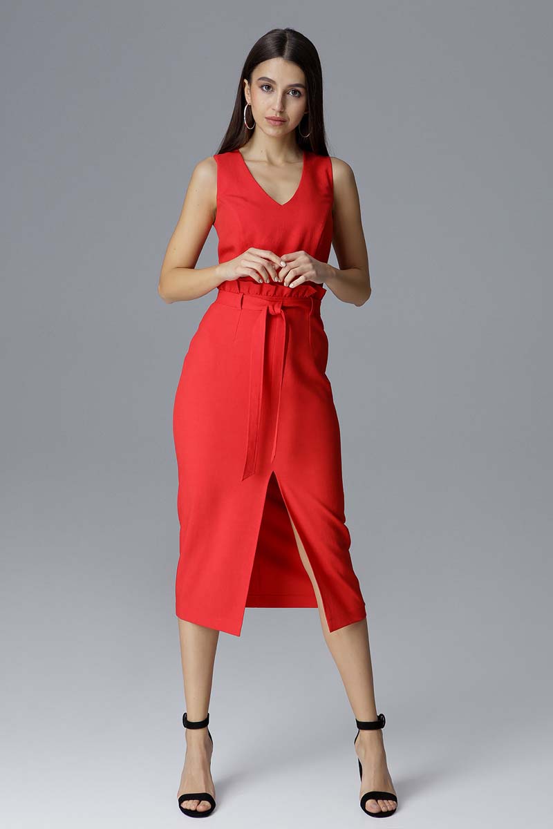 Czerwona Dopasowana Midi Sukienka Wizytowa za Kolano