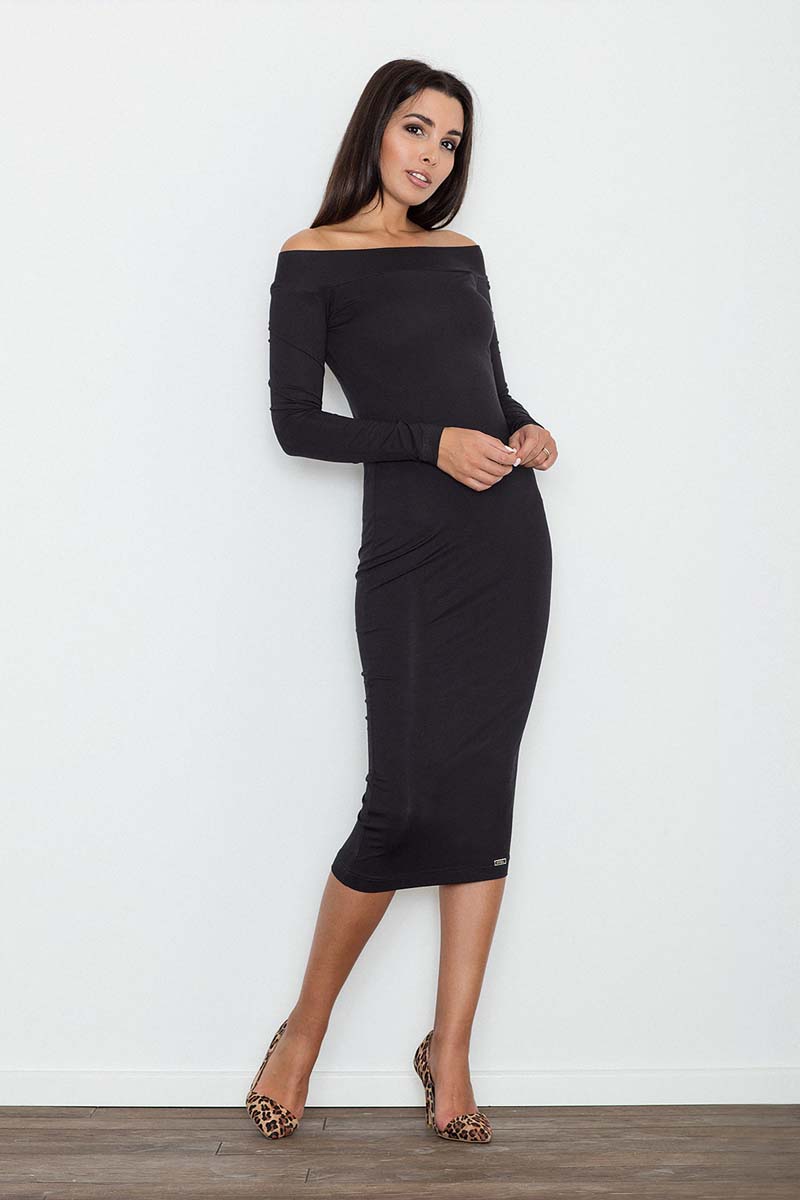 Czarna Ołówkowa Sukienka za Kolano z Szerokim Dekoltem