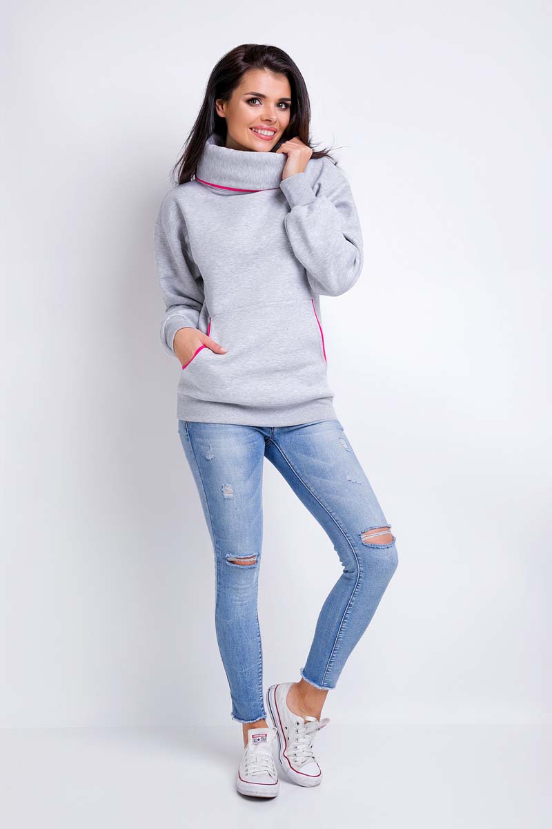 Szara Bluza Kangurka z Szerokim Golfem