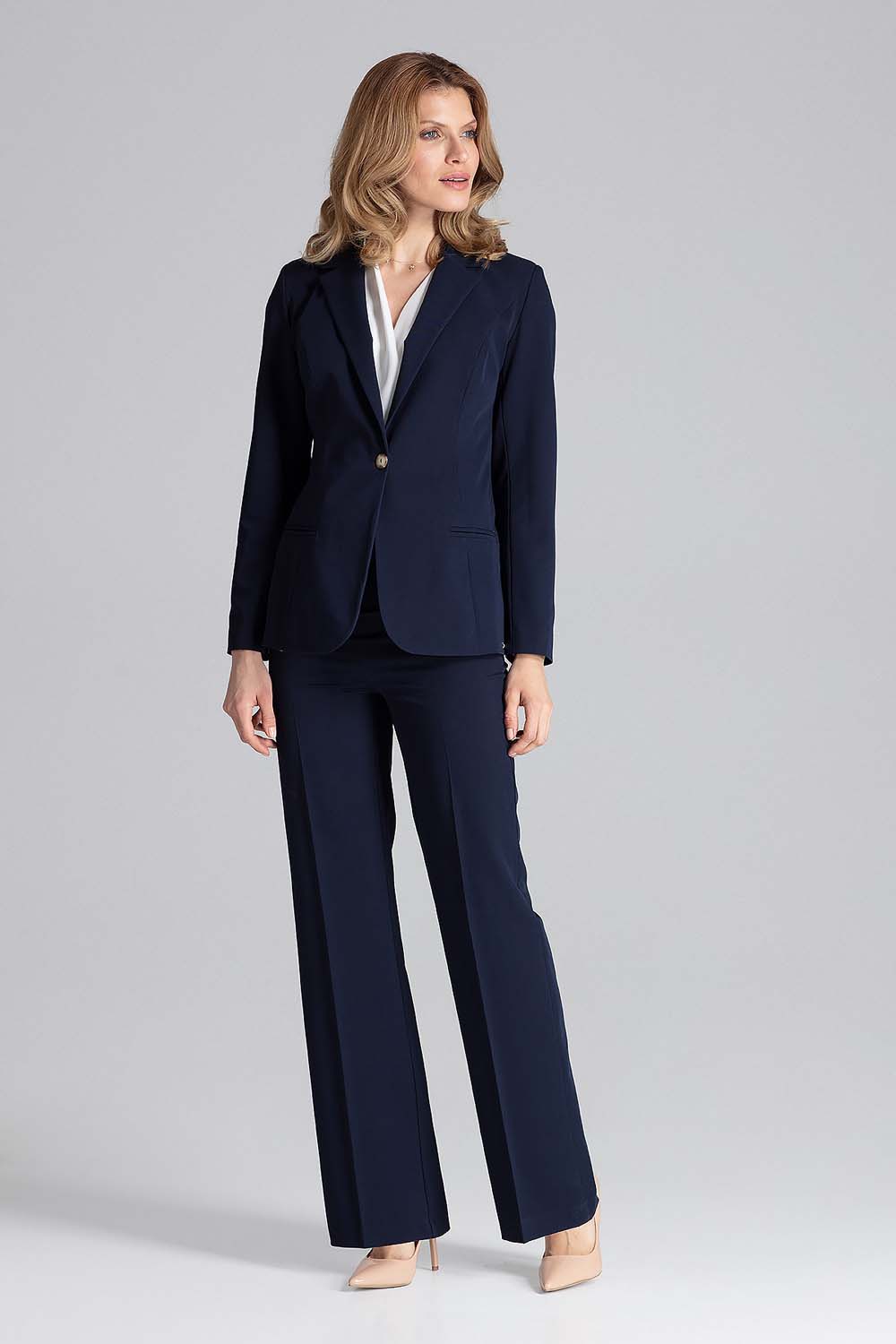 Klasyczny Granatowy Żakiet na Jeden Guzik z Kolorową Podszewką