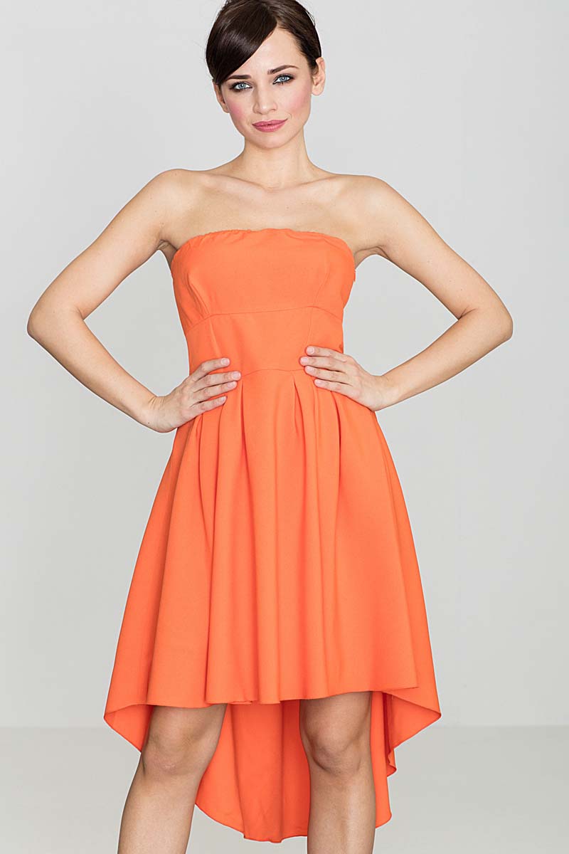 Modna Sukienka z Odkrytymi Ramionami Wydłuzonym Tyłem Pomarańczowa
