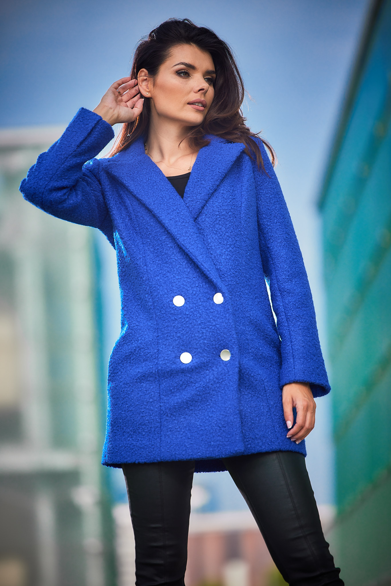 Krótki Dwurzędowy Płaszcz - Niebieski