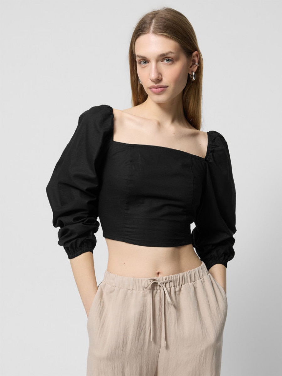 Koszula crop z lnem damska - czarna