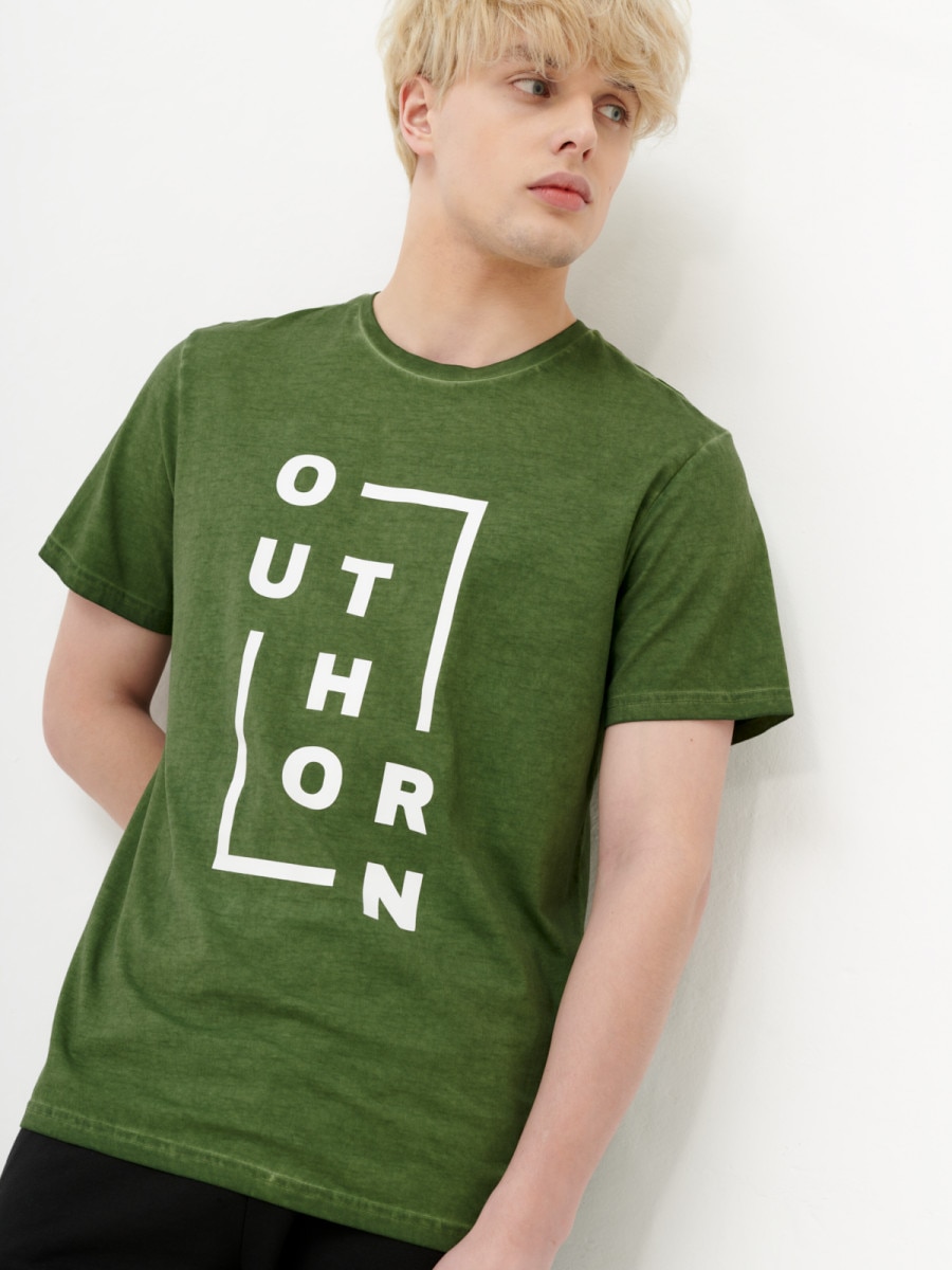 T-shirt z nadrukiem męski - oliwkowy/khaki