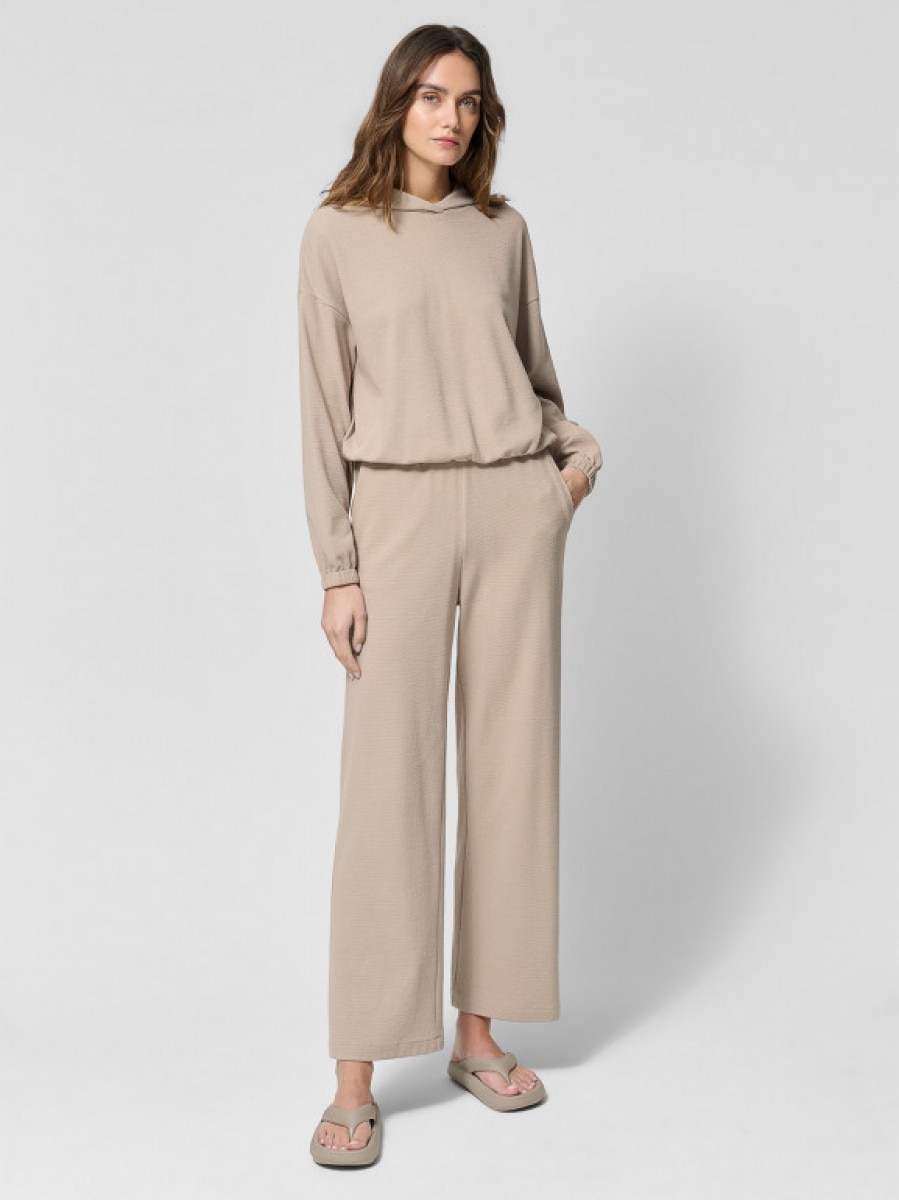 Spodnie z szerokimi nogawkami z dzianiny waflowej damskie - beżowe