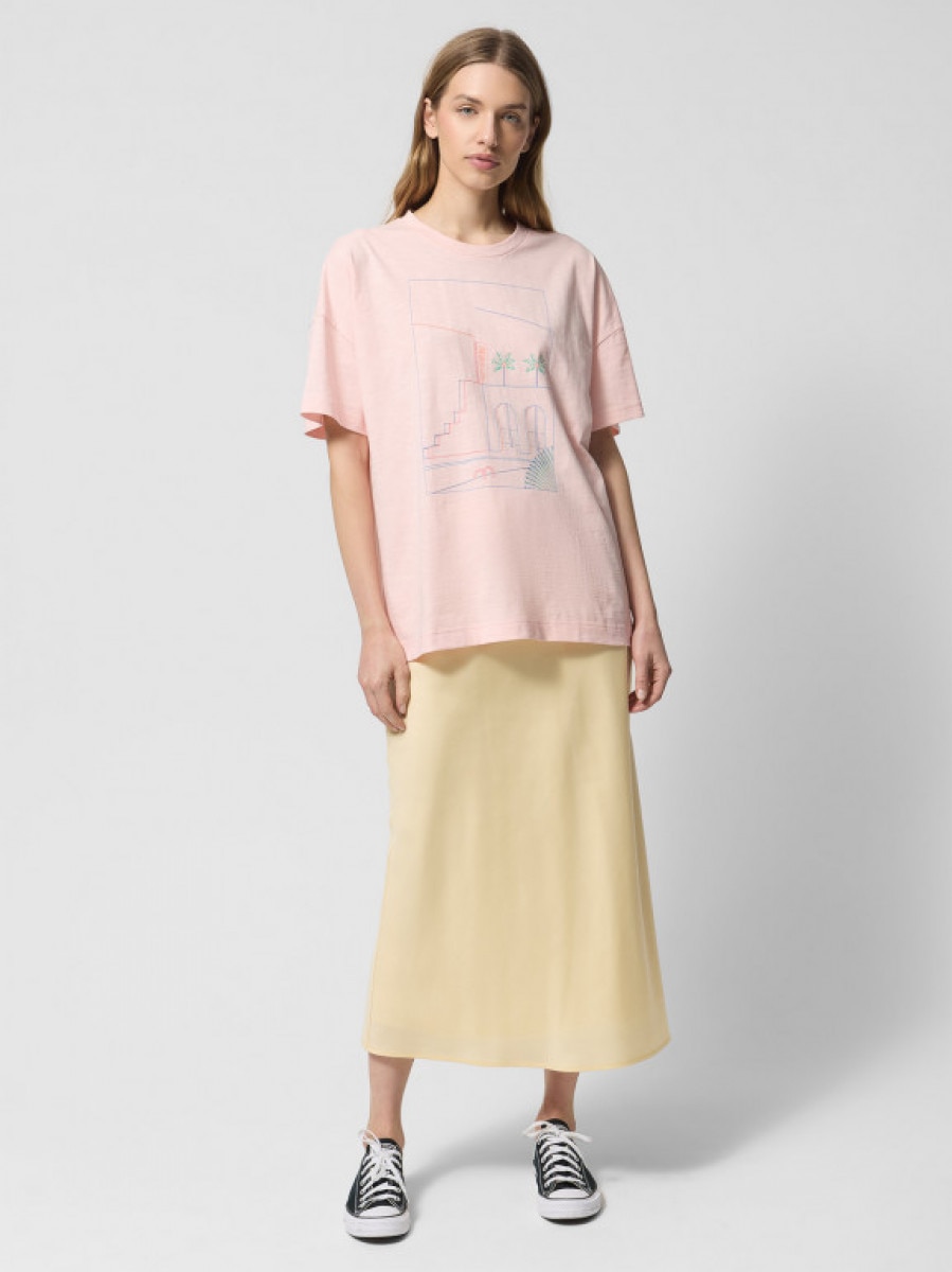 T-shirt oversize z nadrukiem damski - łososiowy