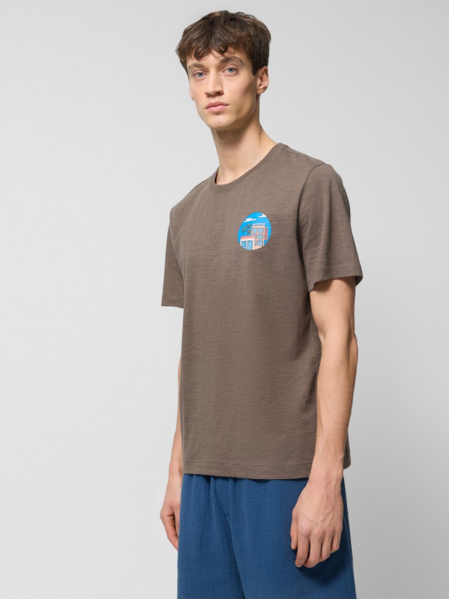 T-shirt z nadrukiem męski - brązowy