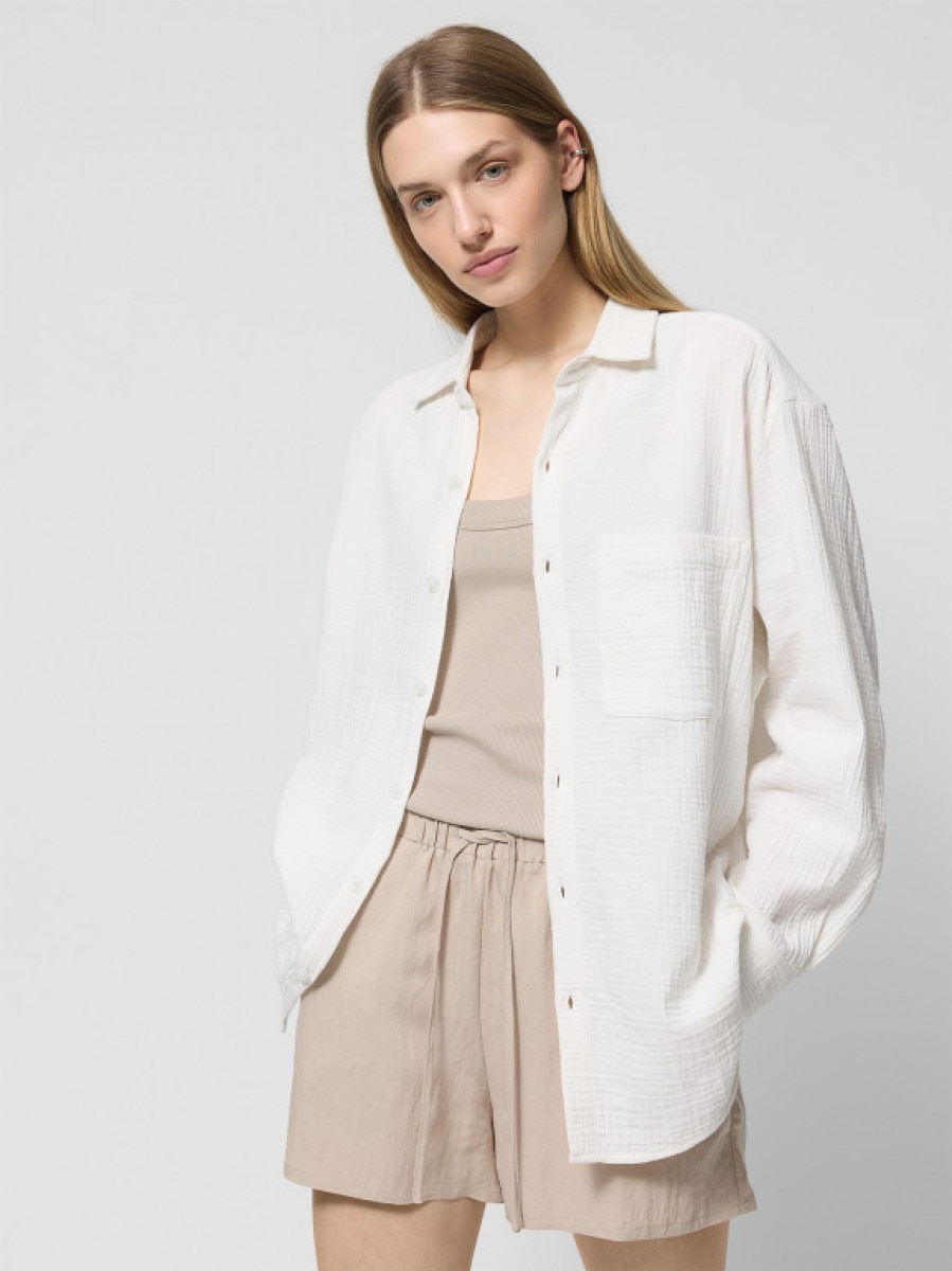 Koszula oversize z bawełnianego muślinu damska - złamana biel