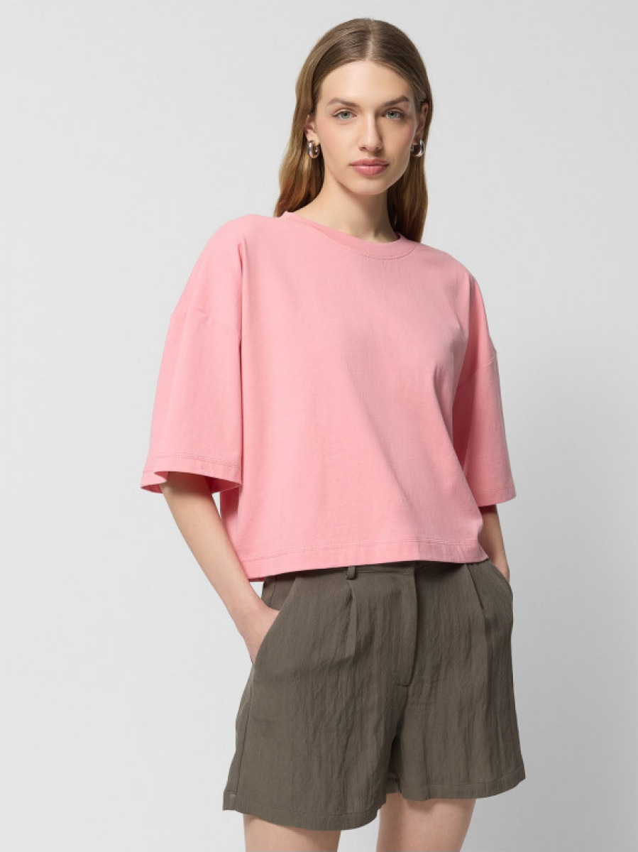 T-shirt o kroju boxy gładki damski - różowy