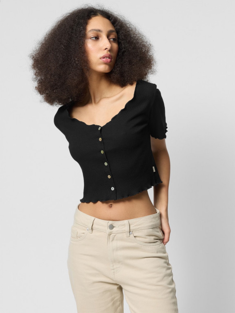 T-shirt crop w prążki damski - czarny