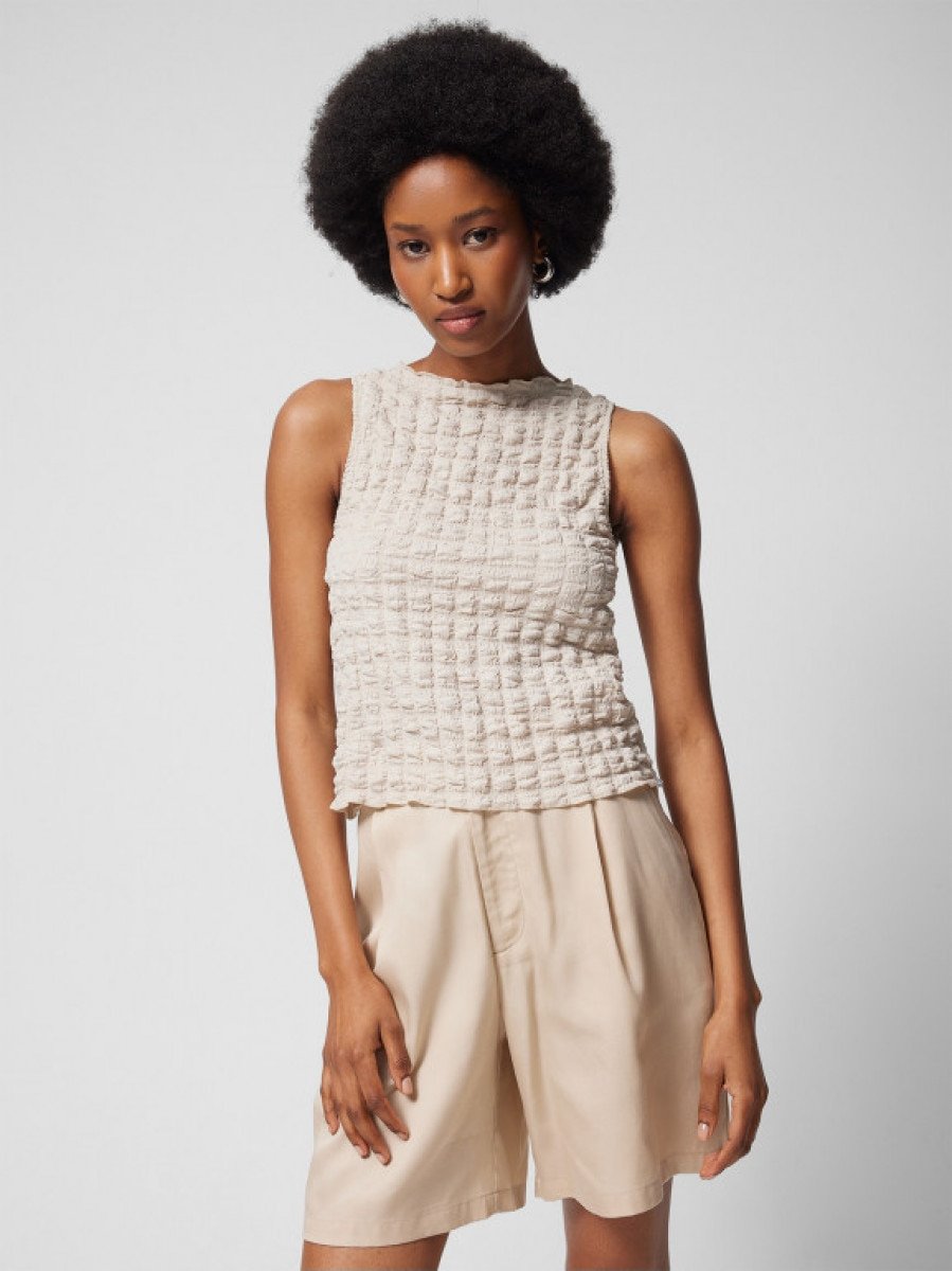 Top z tkaniny strukturalnej damski - beżowy