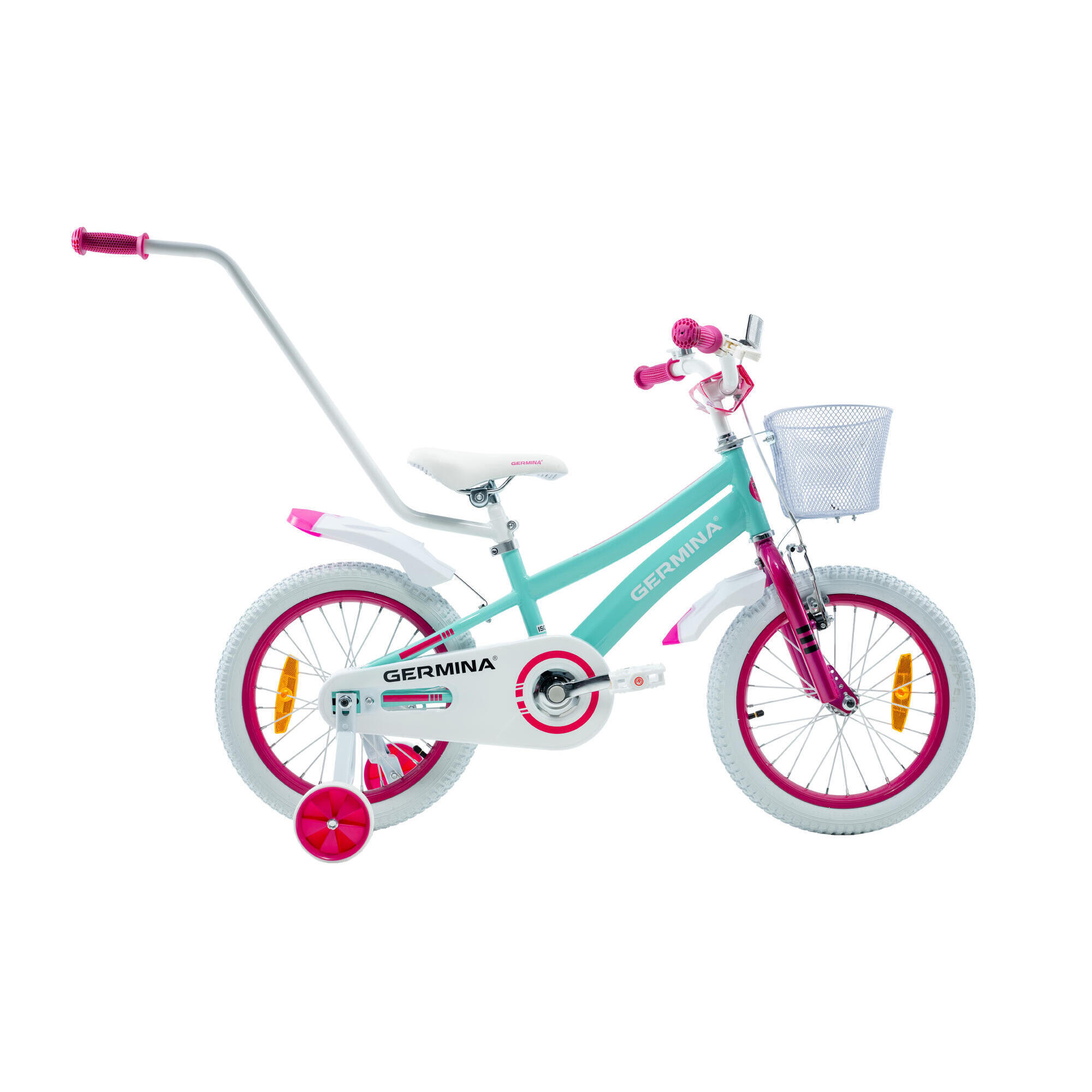Rower dziecięcy GERMINA 16 dla dziewczynki, koszyk, prowadnik, kółka boczne,