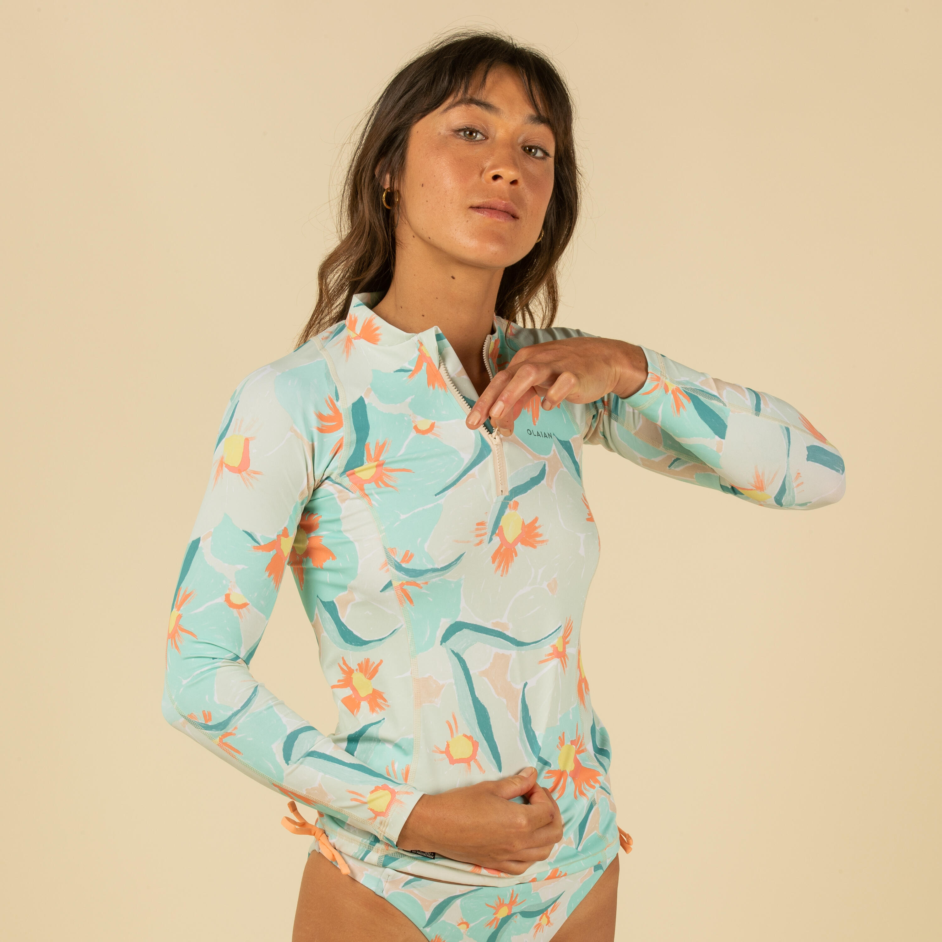 Top anty-UV surfingowy damski Olaian 500 Anamones długi rękaw