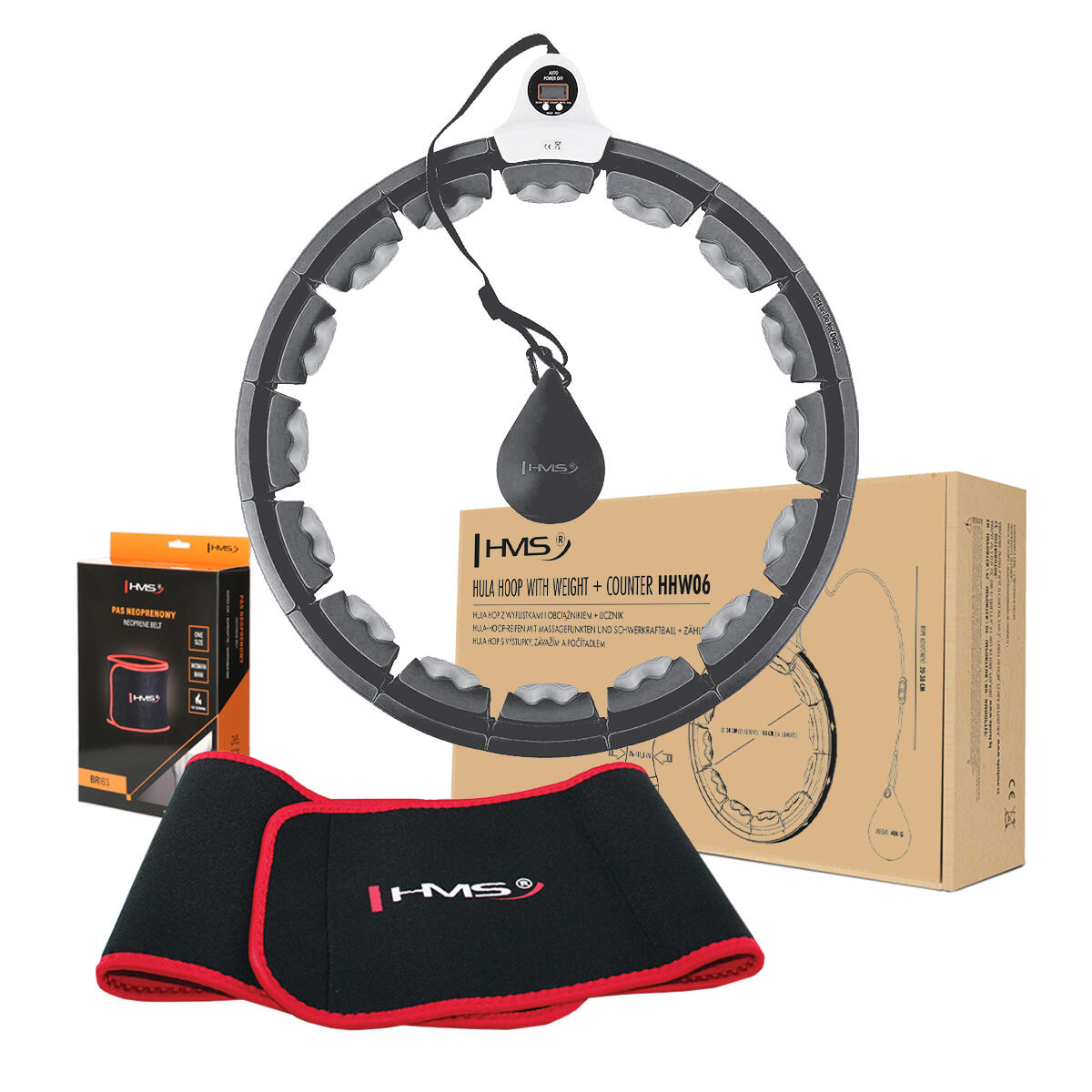 Zestaw hula hop HHW06 z wypustkami i obciążnikiem + pas BR163 HMS