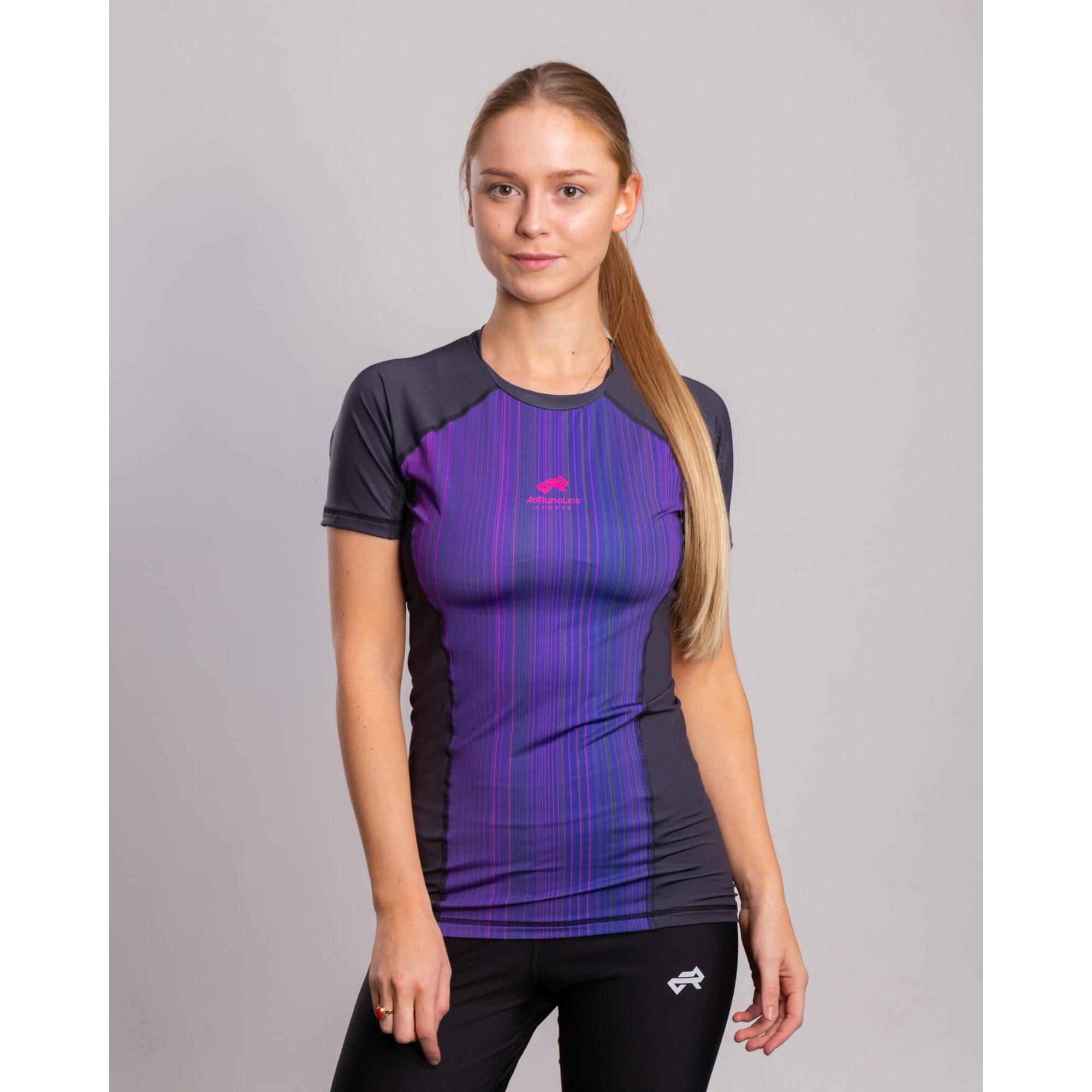 Koszulka do biegania damska AdRunaLine Violet Stripes z krótkim rękawem