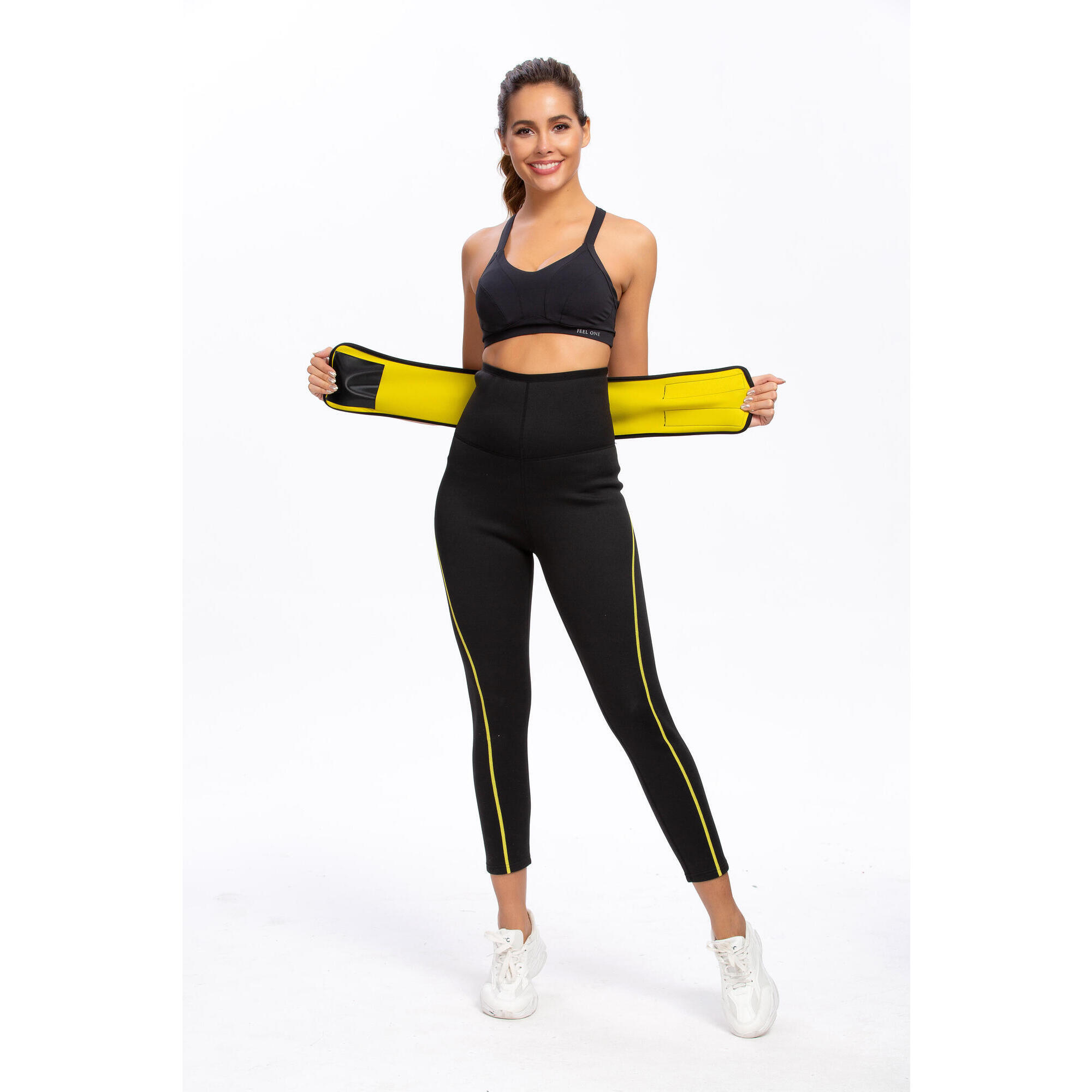 Spodnie fitness neoprenowe wyszczuplające damskie z paskiem