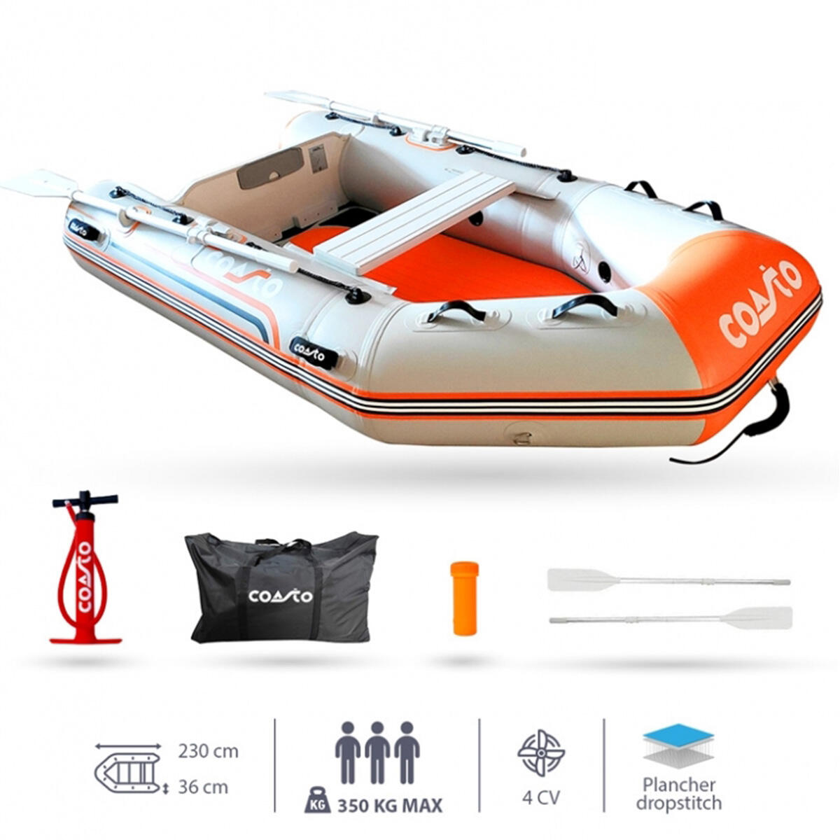 Dmuchana łódź z wiosłami - łódź wiosłowa/motorówka - Coasto BT-CDS230S - 230x135