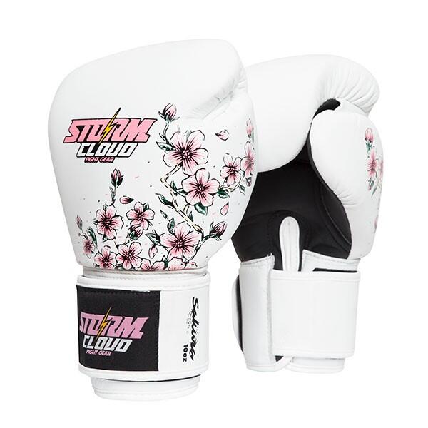 Rękawice do Muay Thai ze skóry naturalnej StormCloud Blizzard Sakura Białe