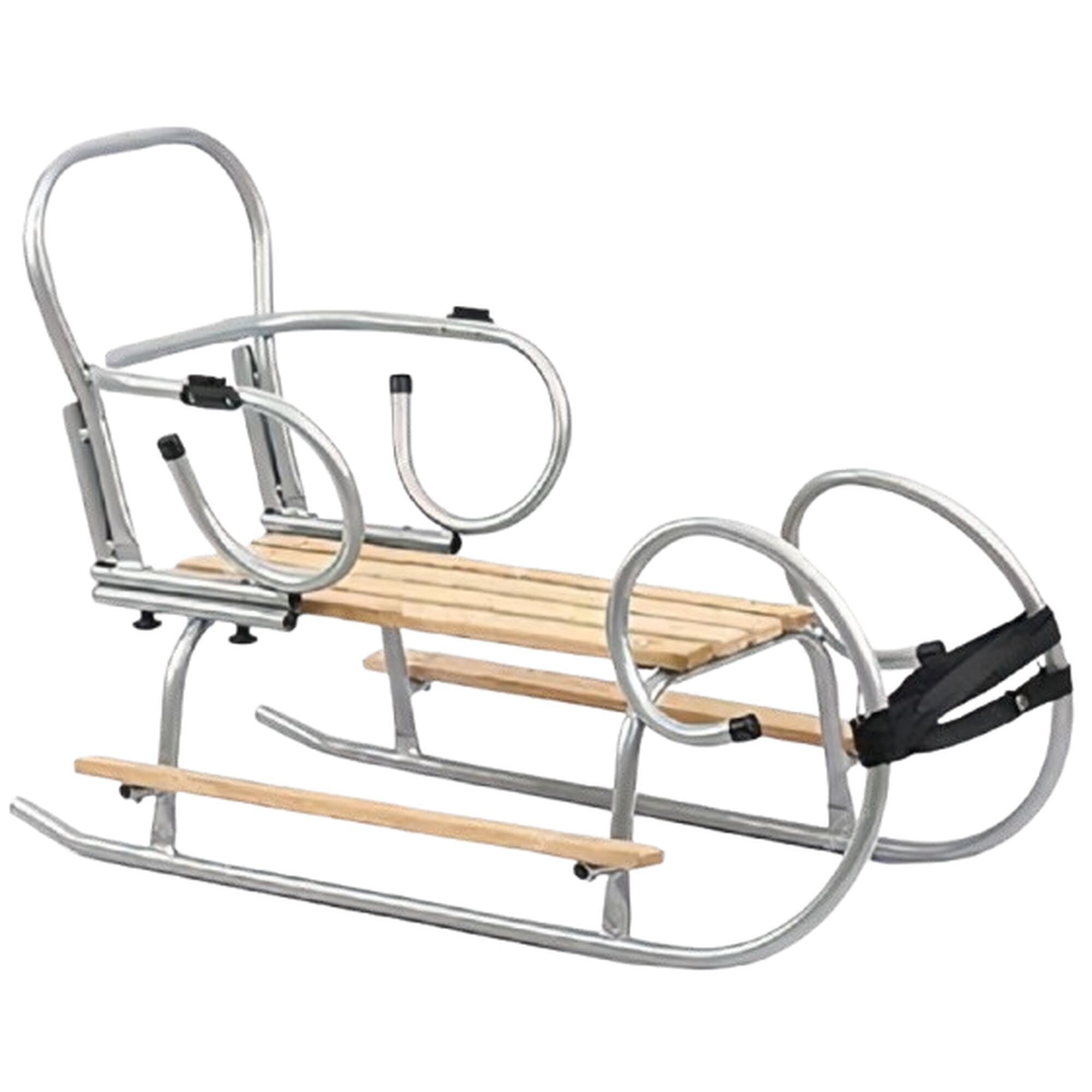 Sanki dla dzieci metalowe z oparciem i podnóżkami rurkowe retro szare