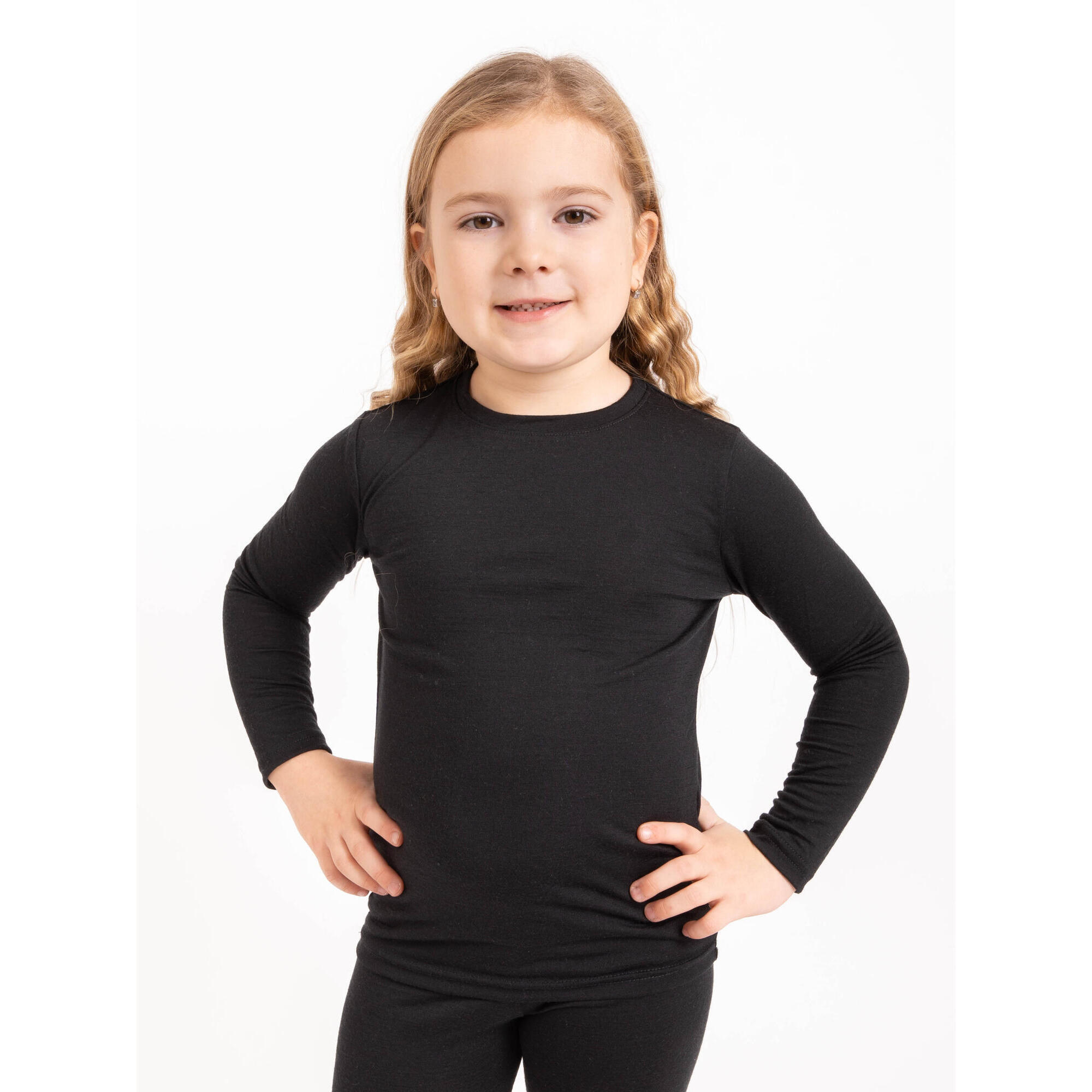 Dětské merino triko s dlouhým rukávem, Černá