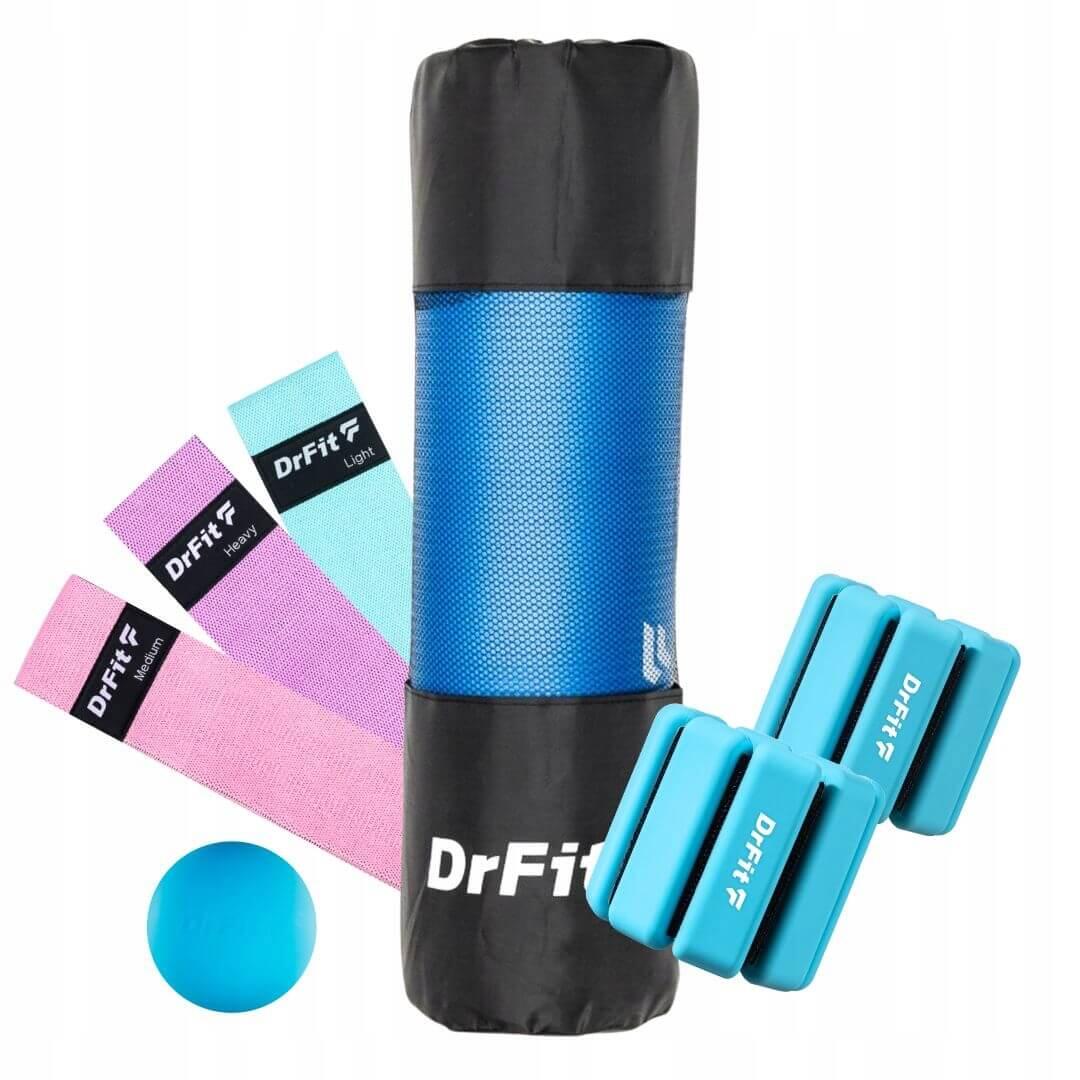 Zestaw DrFit: obciążniki, gumy, piłka lacrosse, mata NBR