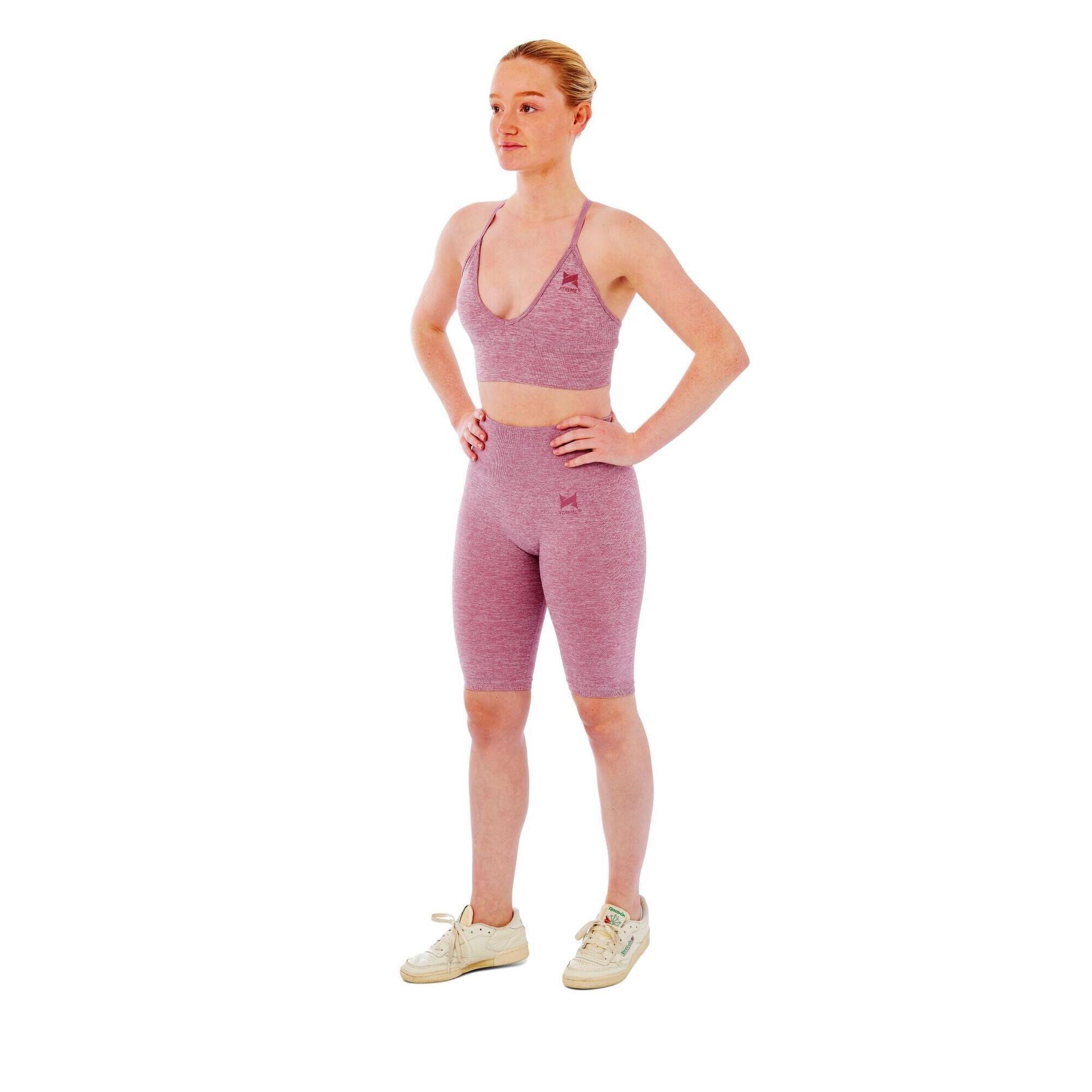 Damski zestaw sportowy Xtreme - krótkie legginsy + biustonosz sportowy - Różowy