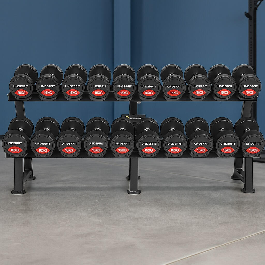 Zestaw hantli gumowanych 2 x 10-30 kg - 10 par (390 kg) UNDERFIT + stojak STR23