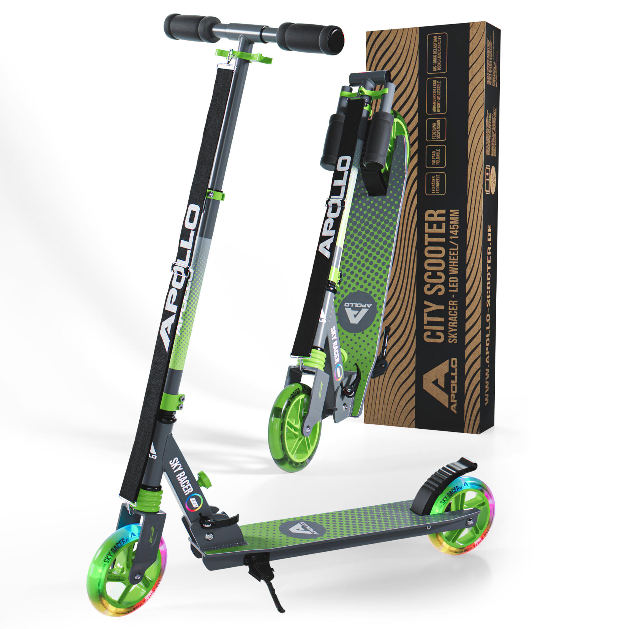 Apollo SkyRacer Hulajnoga 145 mm składana z amortyzacją i kołami LED