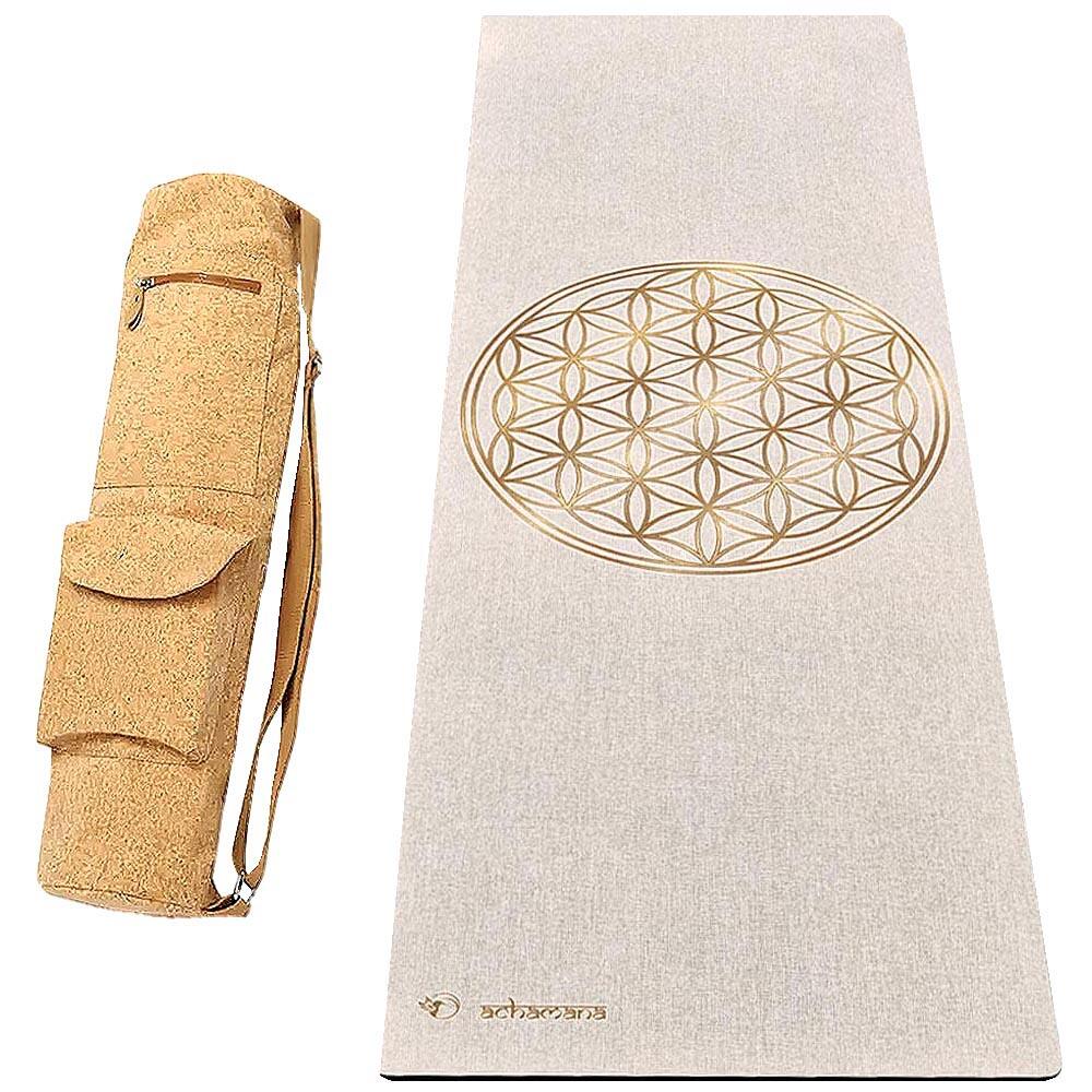 Mata do jogi z gumy i konopi 4,5mm +Torba ze skóry korkowej - Kwiat życia złoty