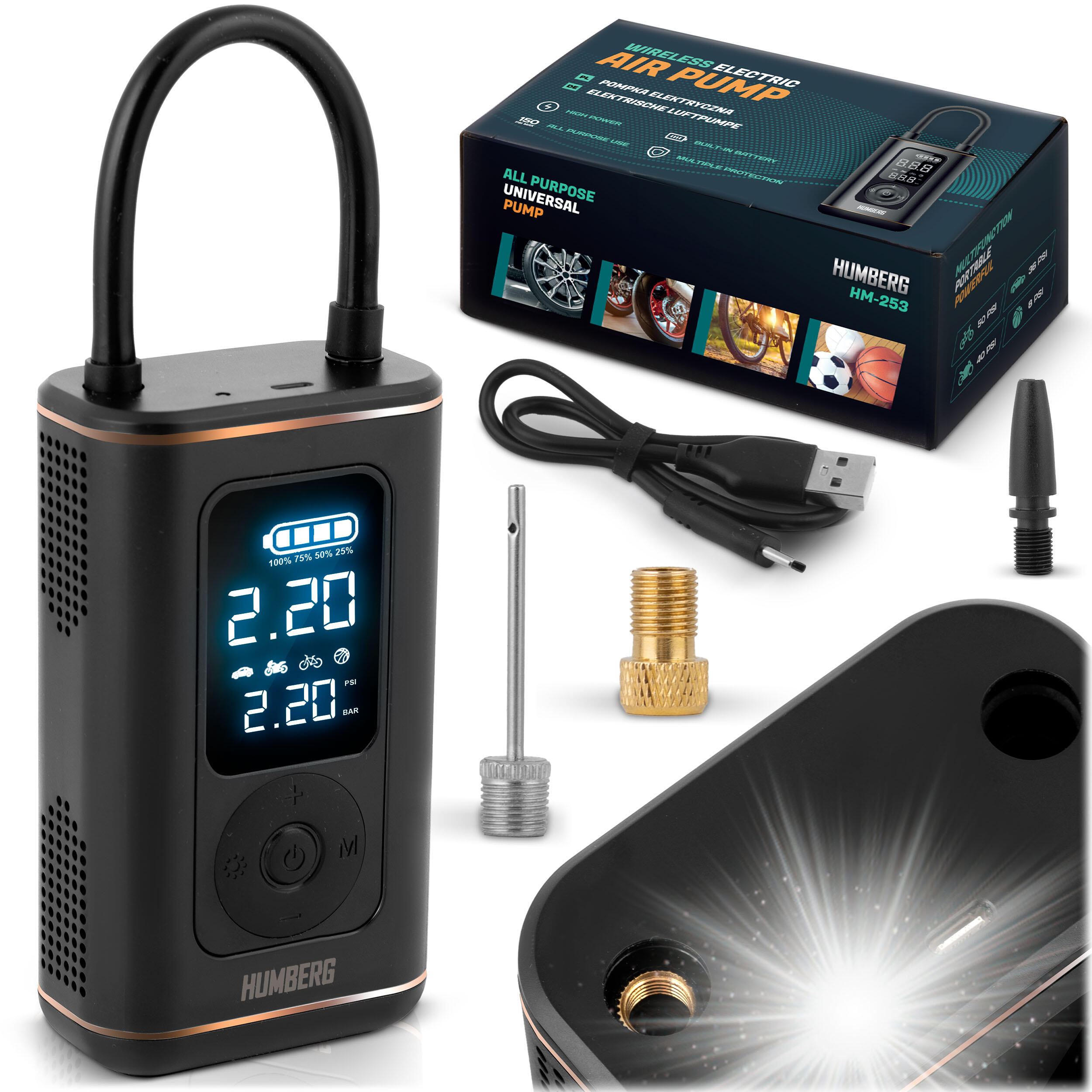 Pompka elektryczna bezprzewodowa mini kompresor Humberg HM-253