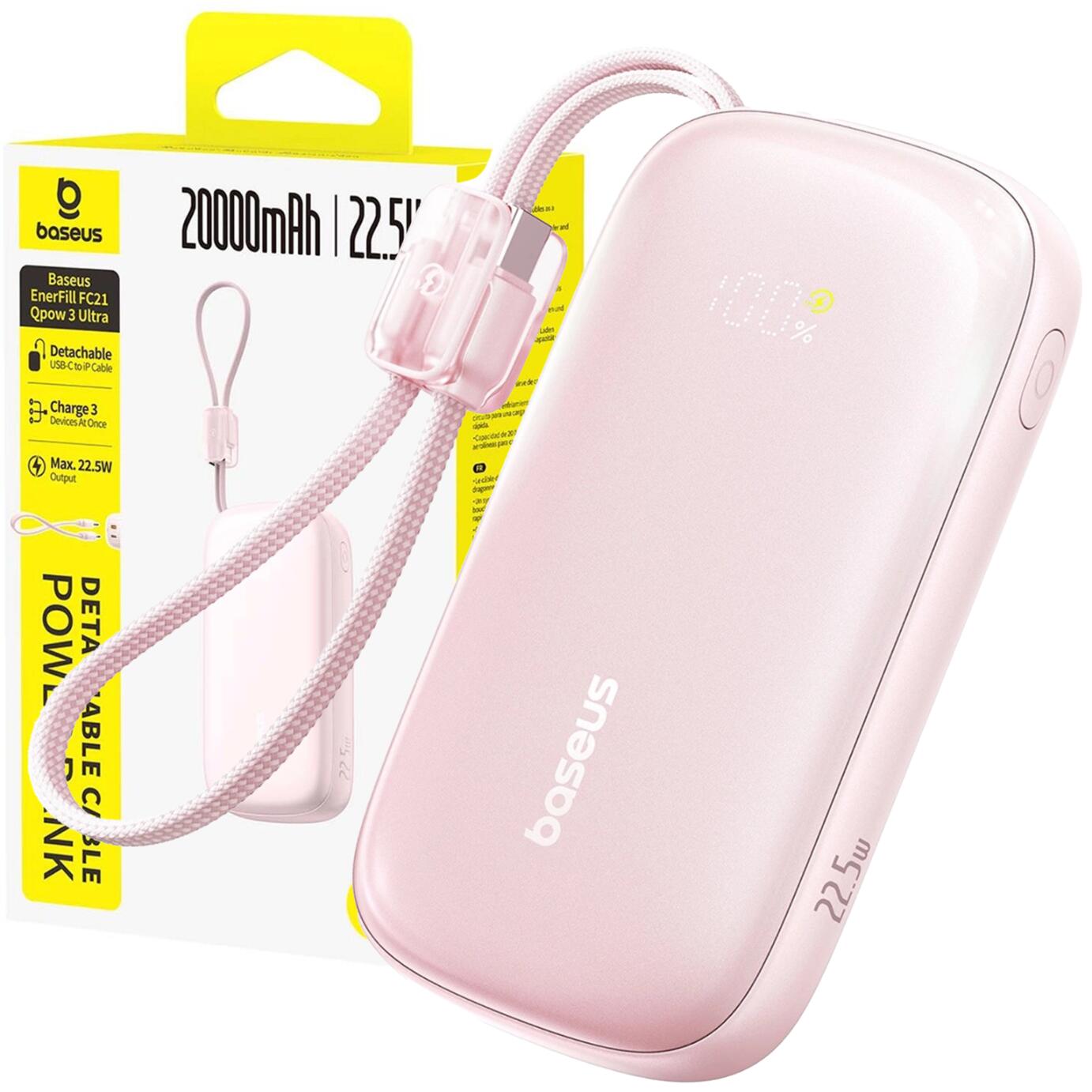 Powerbank 20000mAh 22.5W Baseus szybkie ładowanie USB-C USB-A kabel 2w1