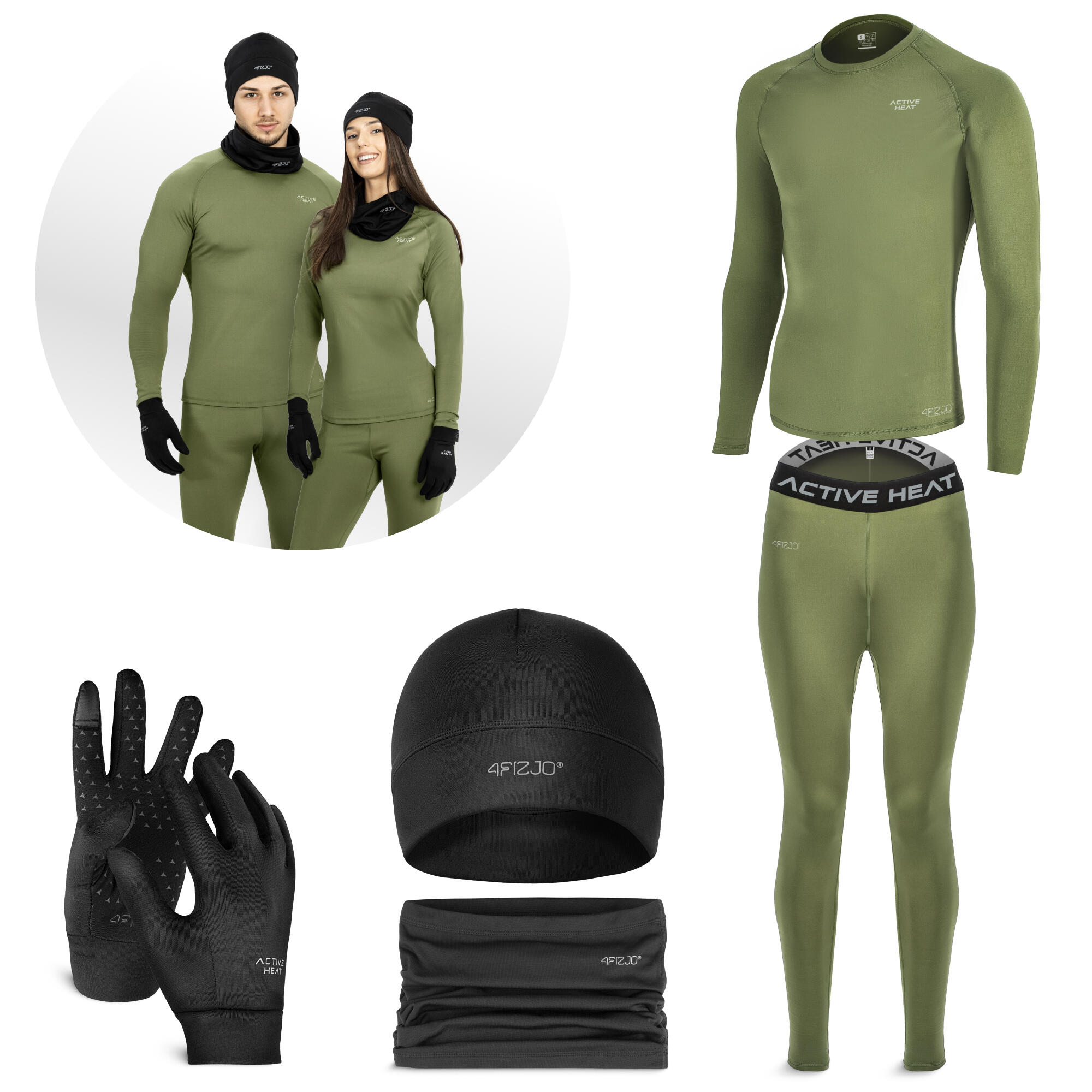 Zestaw odzieży termicznej unisex 4FIZJO czarny/zielony - 5 elementów