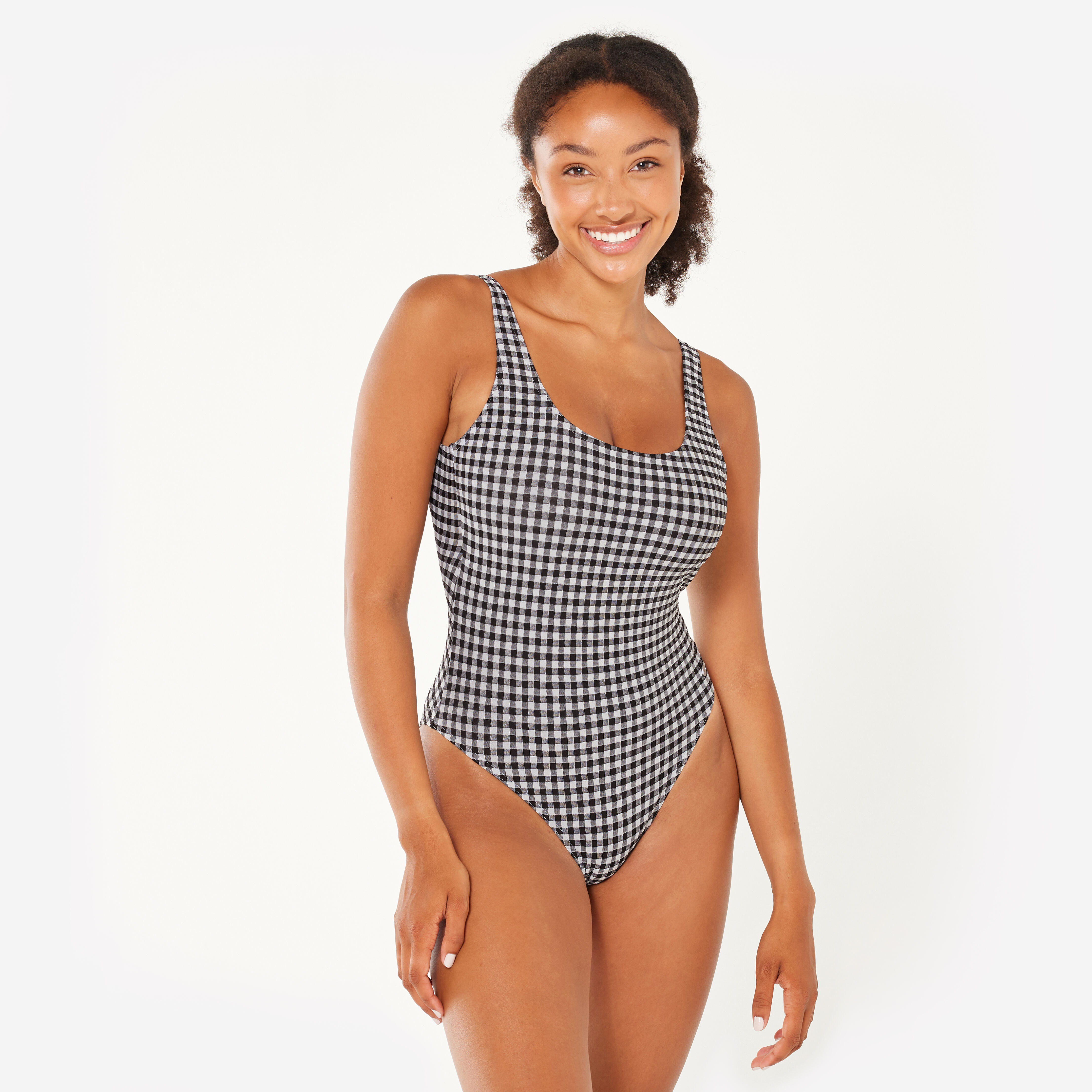 Kostium kąpielowy jednoczęściowy surfingowy damski Olaian Aurely Vichy tekstur.