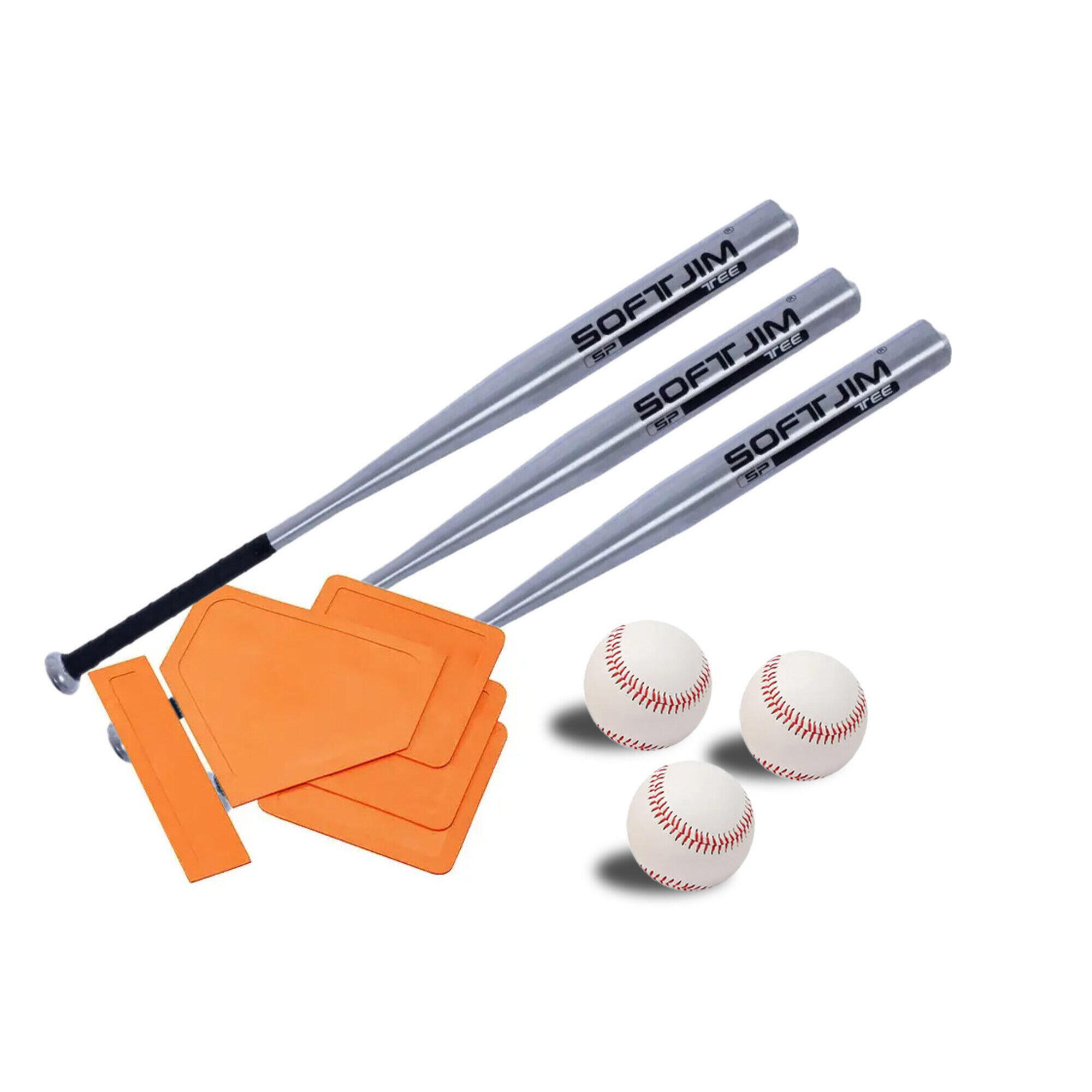 Zestaw 3 aluminiowych pałek, 3 piłek baseballowych i podstawek